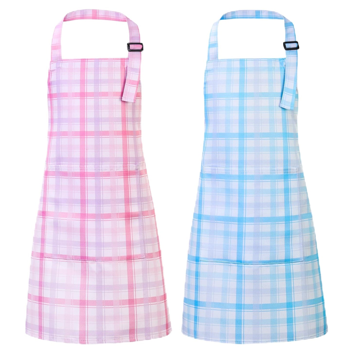 XLSXEXCL 2 Pack Toddler Aprons – Plaid Powder Pink & Blue | Adjustable Kids Chef & Art Smocks (Ages 6–12)