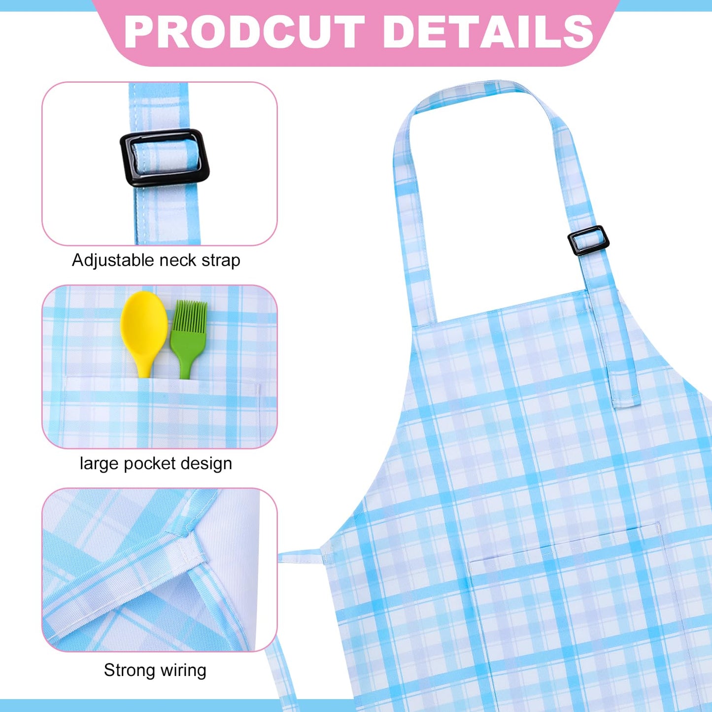 XLSXEXCL 2 Pack Toddler Aprons – Plaid Powder Pink & Blue | Adjustable Kids Chef & Art Smocks (Ages 6–12)