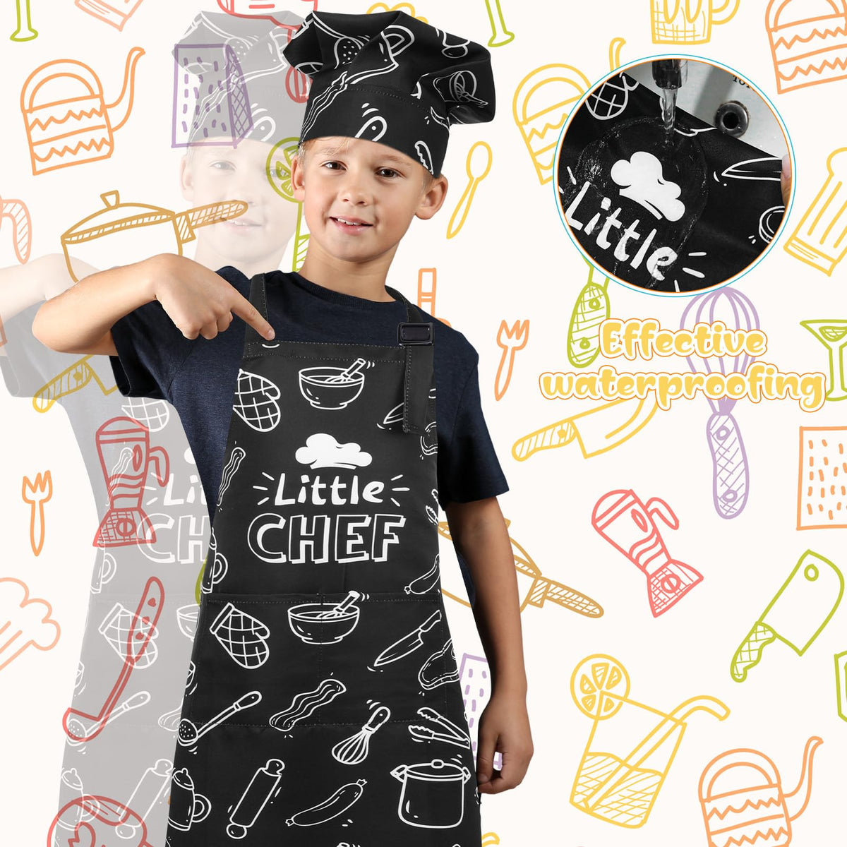 XLSXEXCL Kids Apron & Chef Hat Set | Little Chef, Adjustable, 2 Pockets, Black