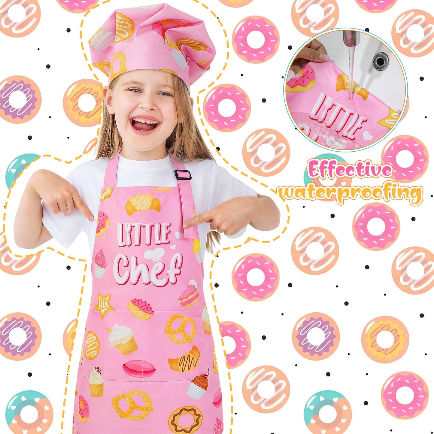 XLSXEXCL Little Chef Kids Apron & Hat Set – Adjustable, 2 Pockets, Pink