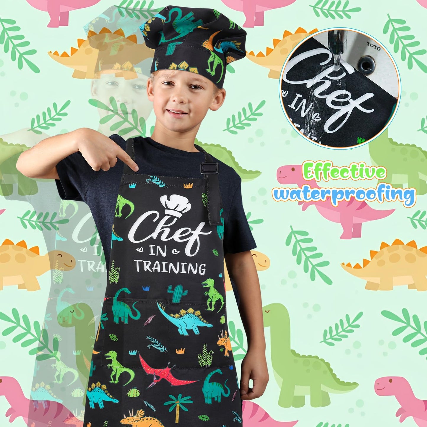 XLSXEXCL Kids Apron & Chef Hat Set – CHEF in Training, Dinosaur Pattern, Adjustable