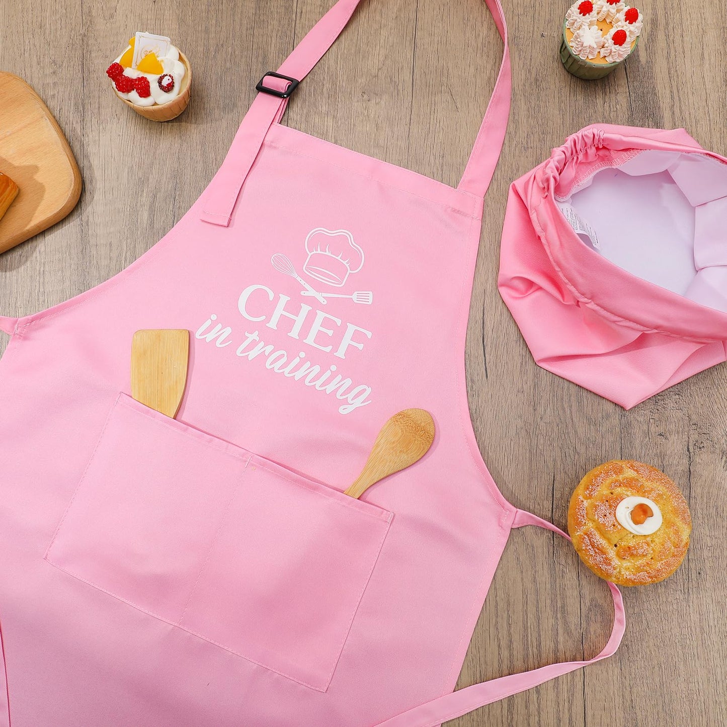 XLSXEXCL Kids Apron and Chef Hat Set – CHEF in Training, Adjustable, 2 Pockets (Pink)