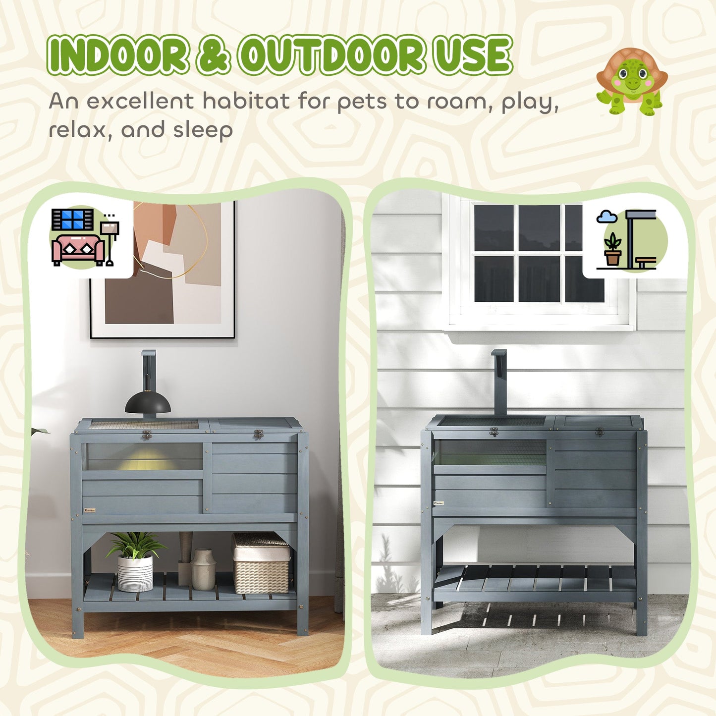 PawHut Wooden Tortoise House w/ Run, Shelter, Shelf, Lamp Holder, Grey