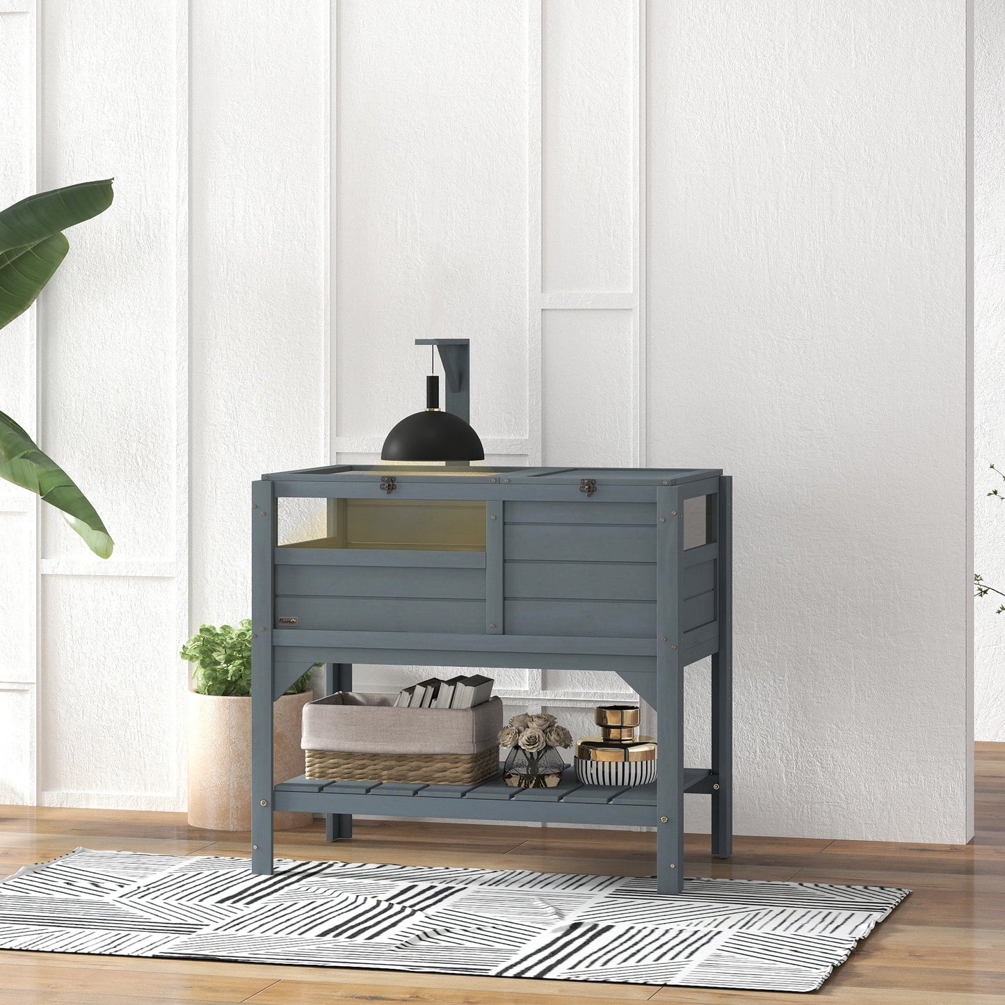 PawHut Wooden Tortoise House w/ Run, Shelter, Shelf, Lamp Holder, Grey