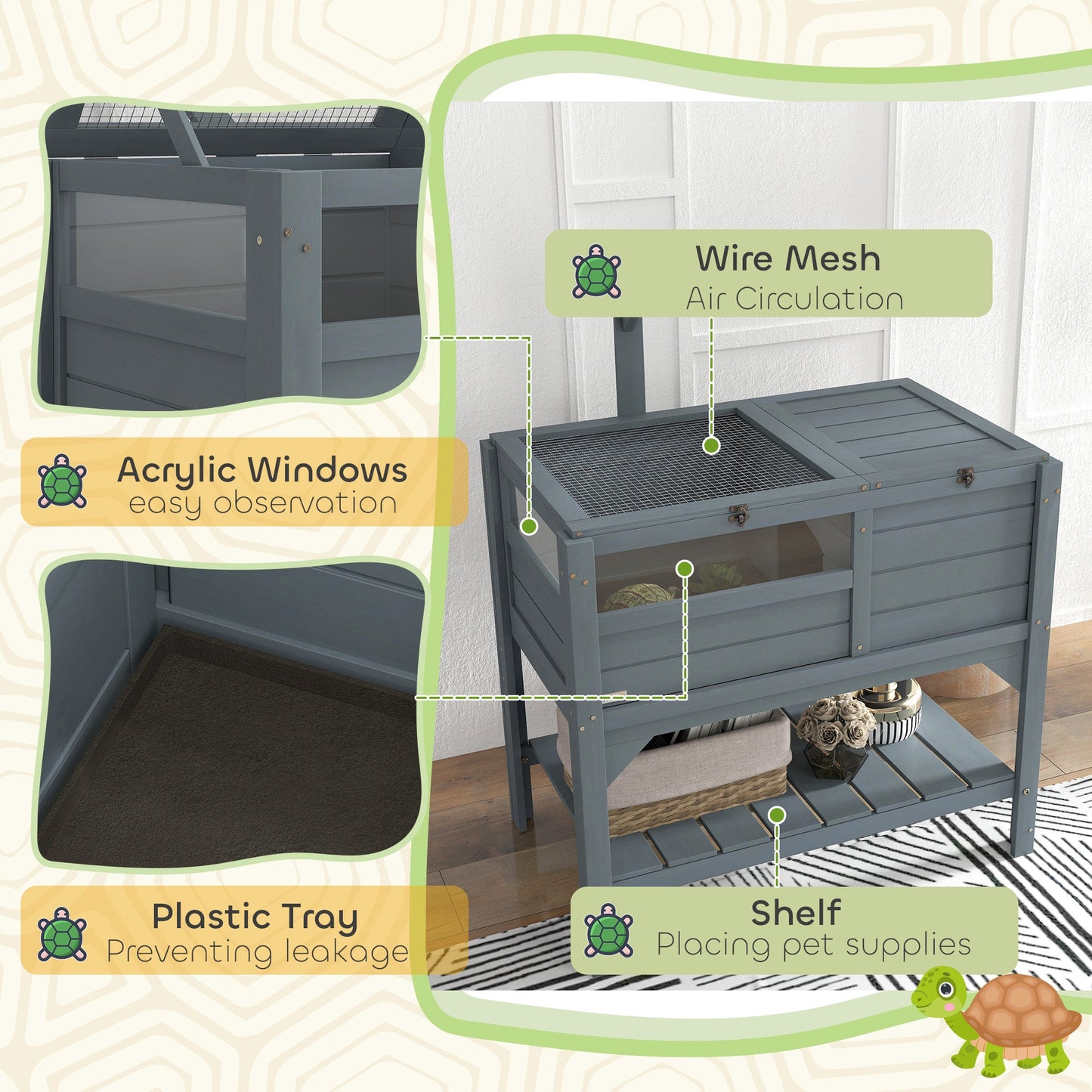 PawHut Wooden Tortoise House w/ Run, Shelter, Shelf, Lamp Holder, Grey