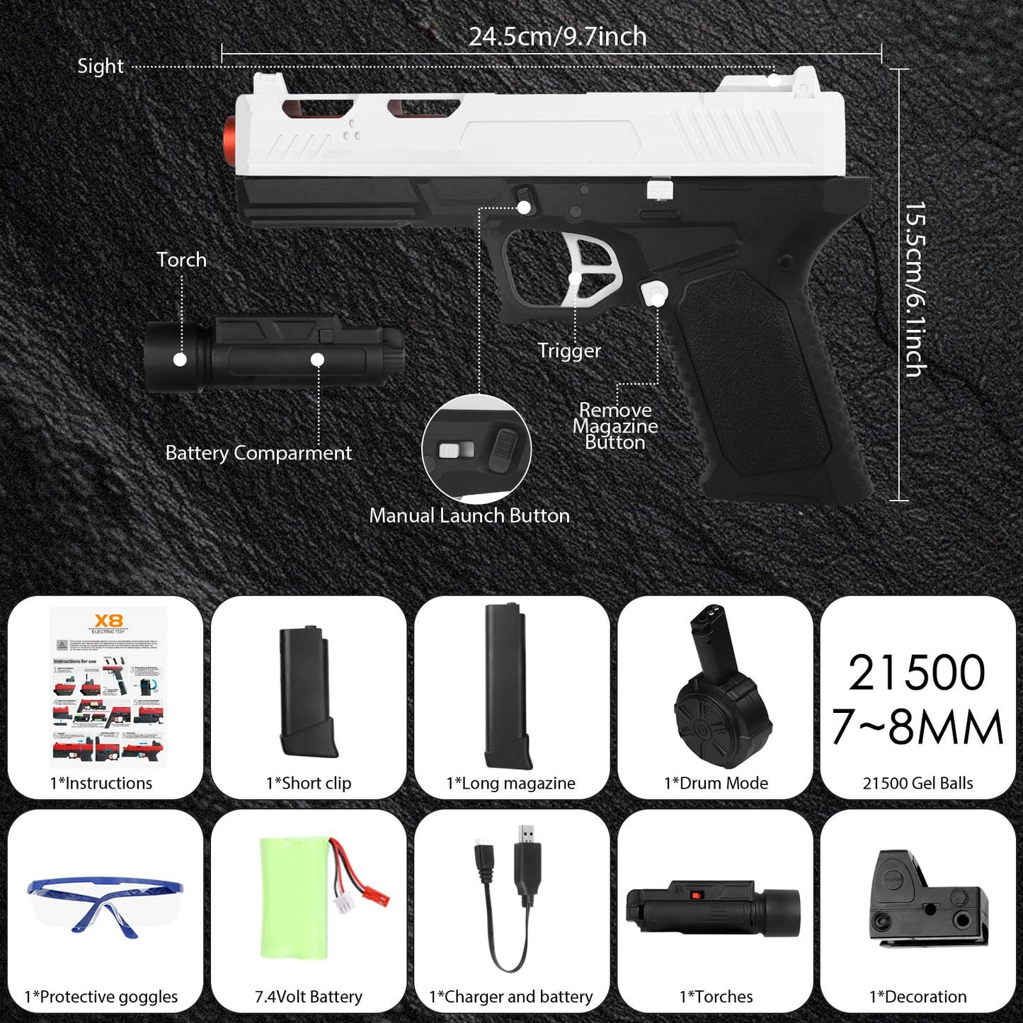 XnseelGQ Gel Toy X8 – 80 ft Range, 120+ FPS, Drum Mag, Goggles