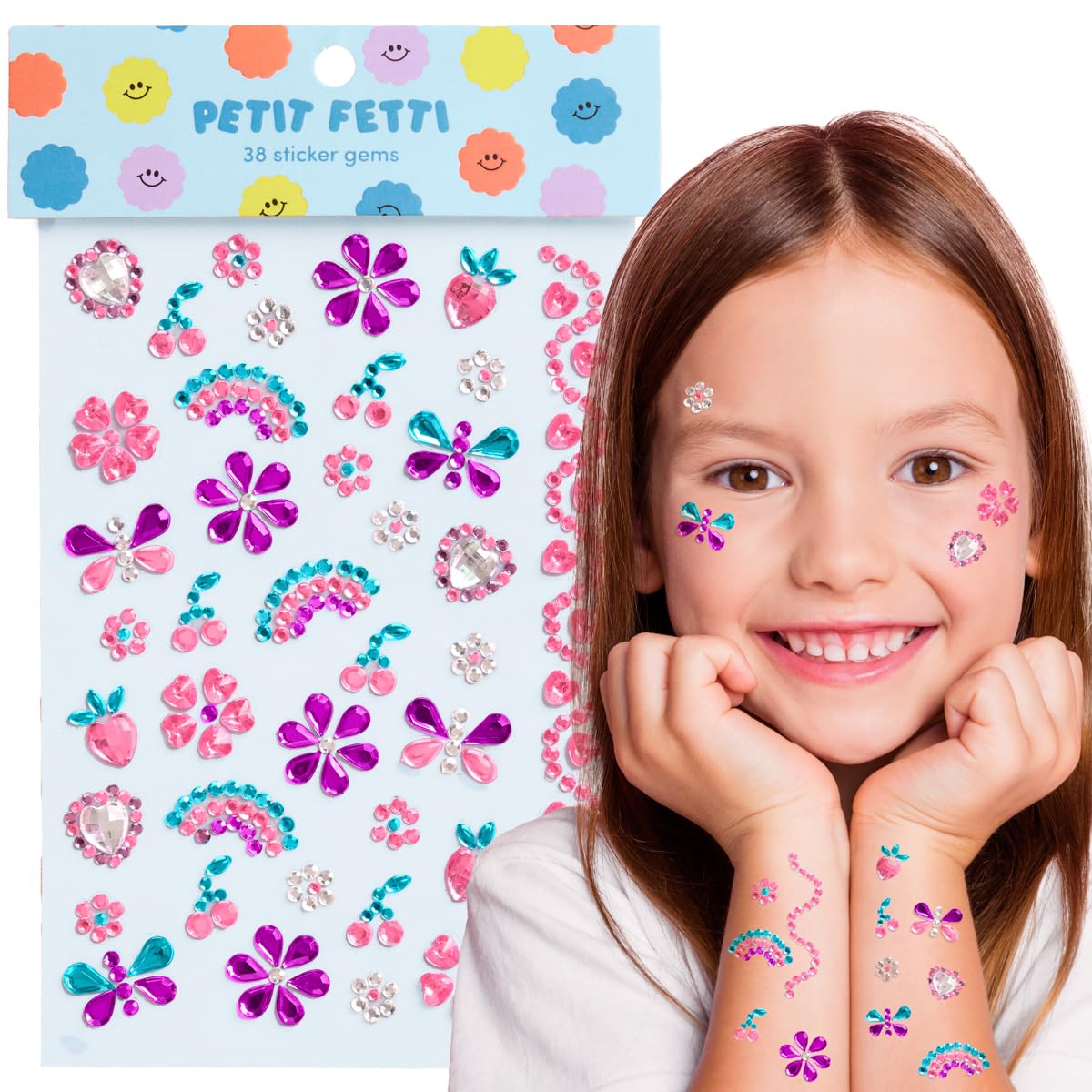 xo, Fetti Kids Face Gems – 38-Piece Pink, Purple & Blue Rhinestone Stickers