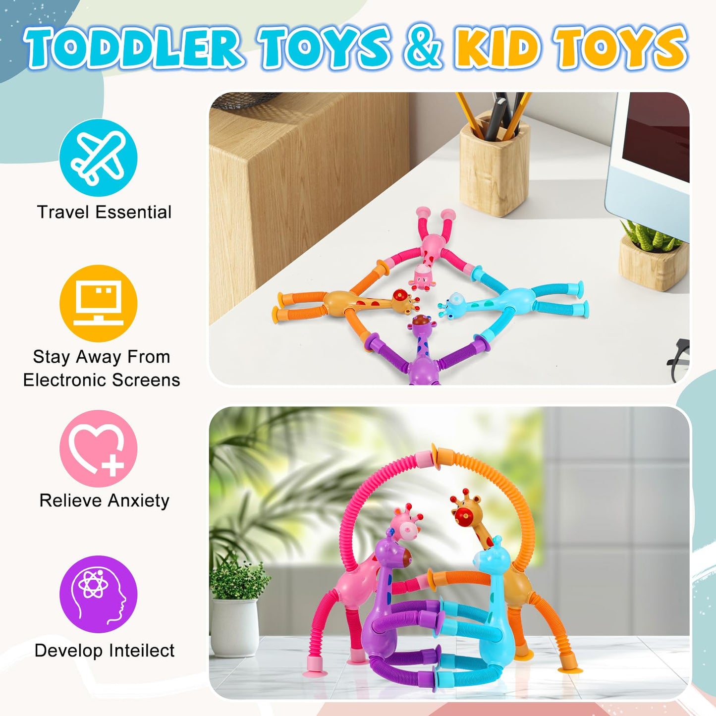 XONTEUS Giraffe Pop Tube Travel Toys – 4-Pack Sensory Fidget for Toddlers