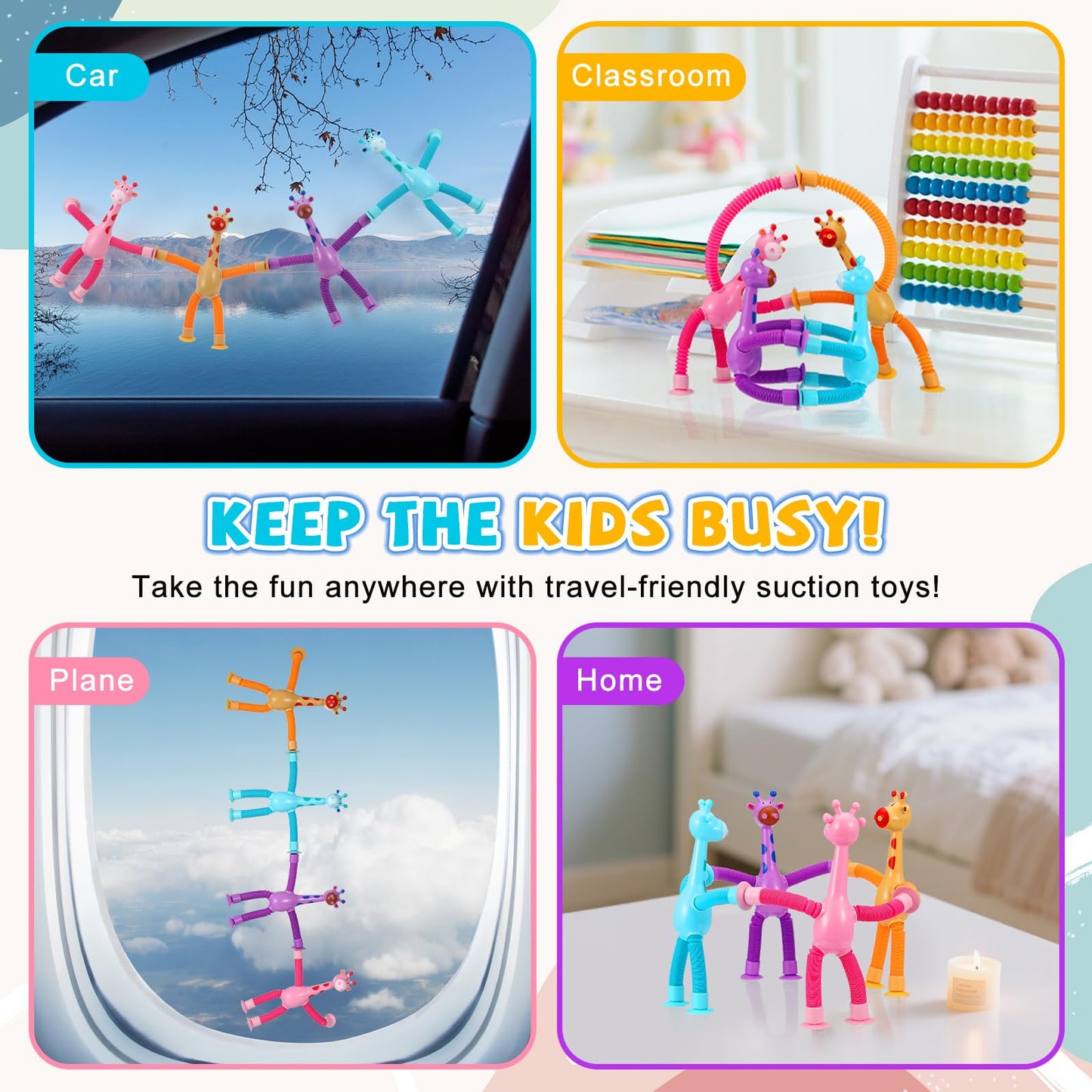 XONTEUS Giraffe Pop Tube Travel Toys – 4-Pack Sensory Fidget for Toddlers
