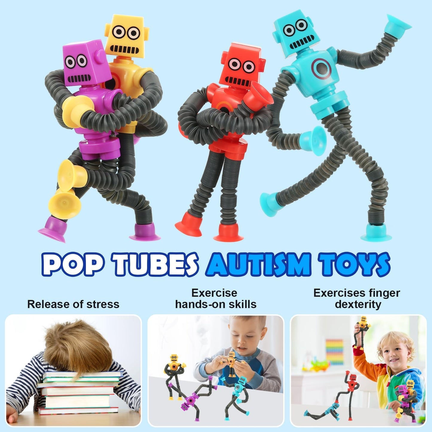 XONTEUS Robot Pop Tubes – 4 Pack Sensory Fidget Toys for Kids