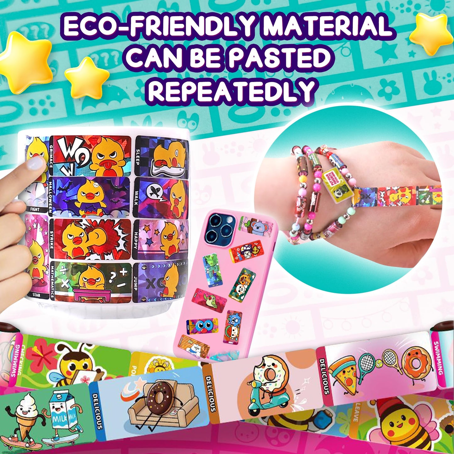 Xouyhzy Creative Sticky Rolls Bracelet Making Kit – 80 Reusable Stickers for Kids 5–12 | Classroom & Party Activity