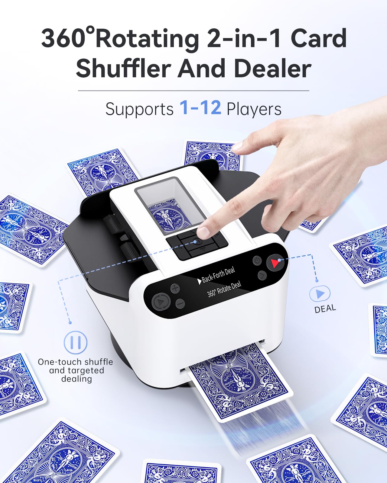 XPAW 2-in-1 Automatic Card Shuffler & Dealer — 2 Deck, 360° Rotation, 12 Players