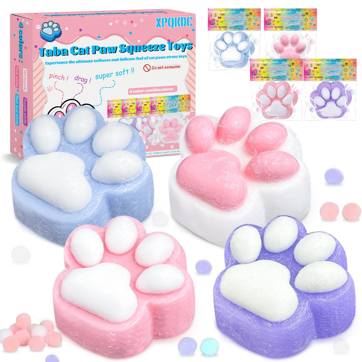 XPQKDC Stress Relief Cat Paw Toys — 4-Pack Soft Silicone Squeeze Toys