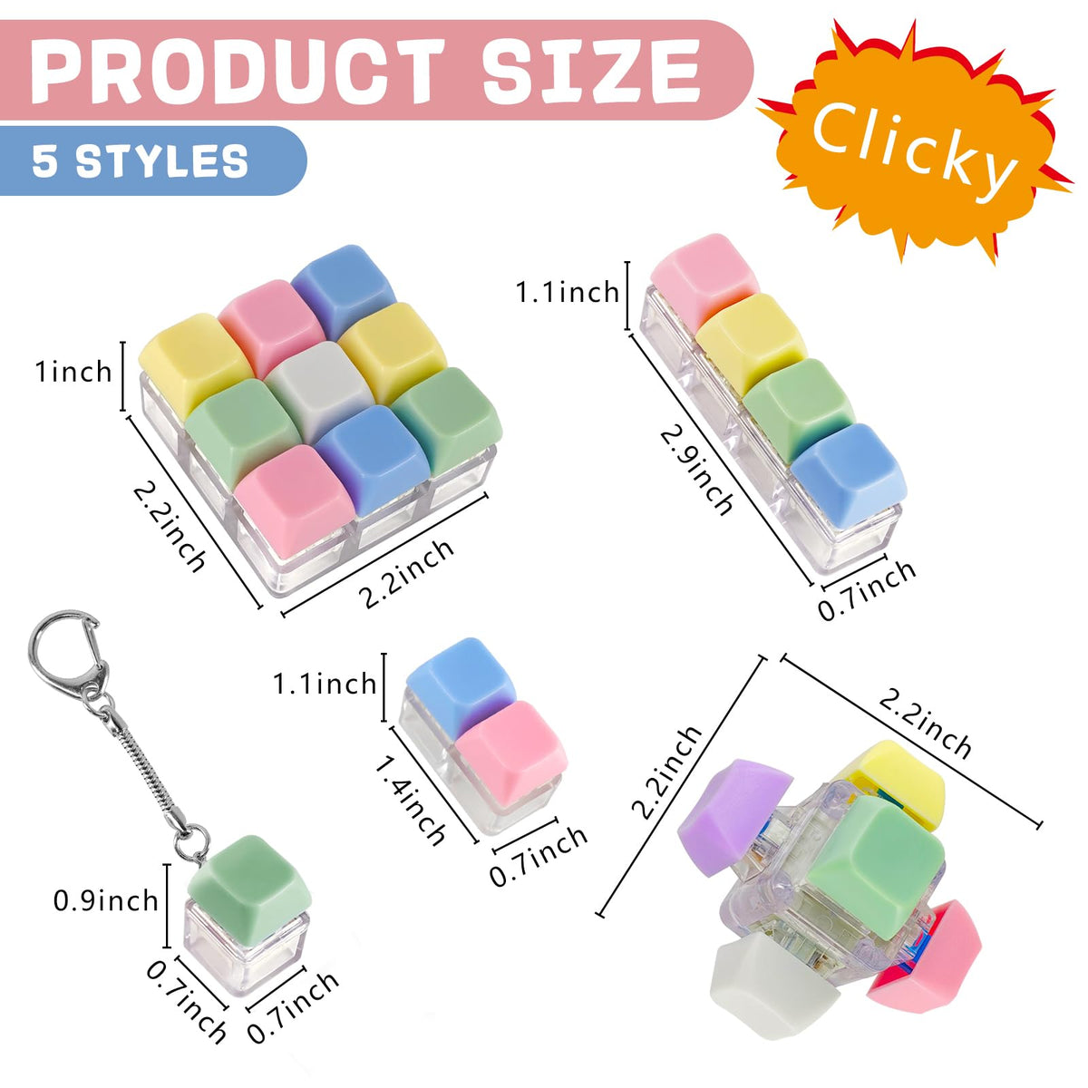 XQC 5 Pack Keyboard Fidget Toy – Quiet Clicking Stress Relief Keychain (Multicolor)