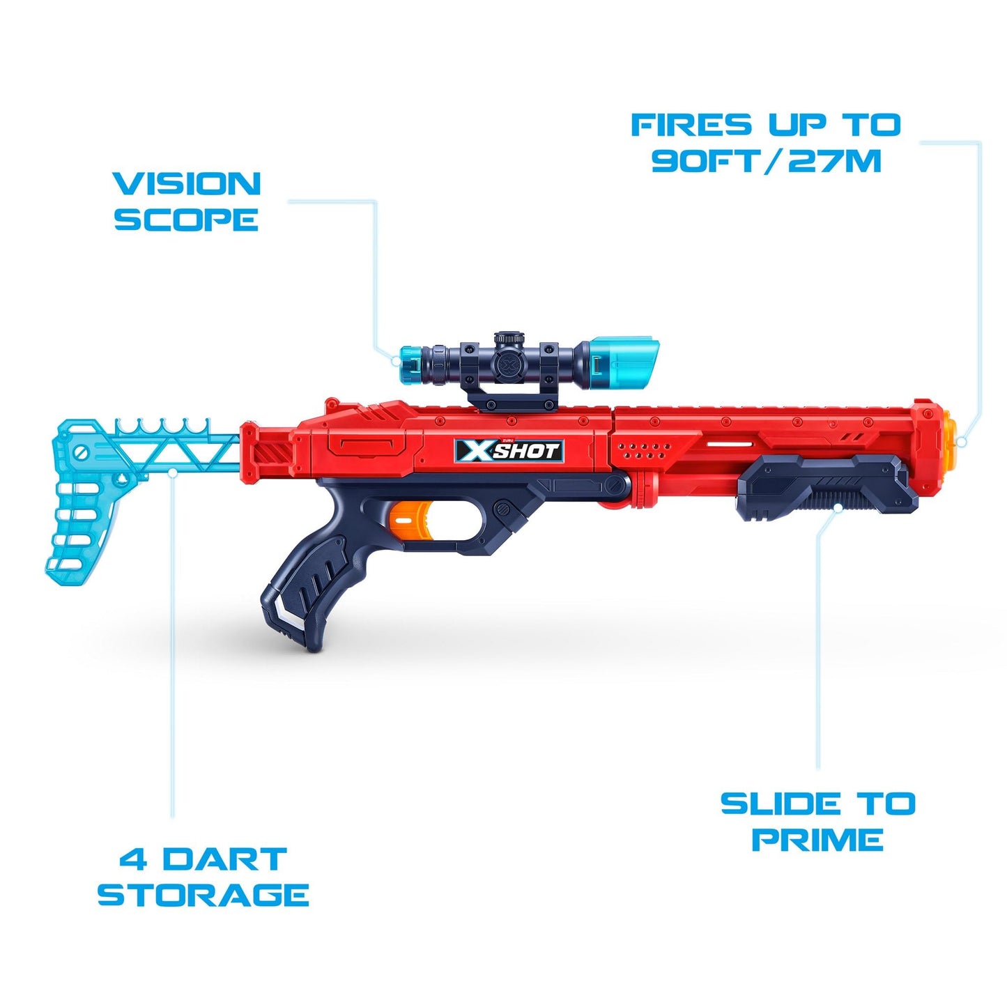 ZURU X-Shot Excel Hawk Eye Foam Dart Blaster (Red) — Long-Range Nerf-Style Toy with Scope, Grip, and 16 Darts