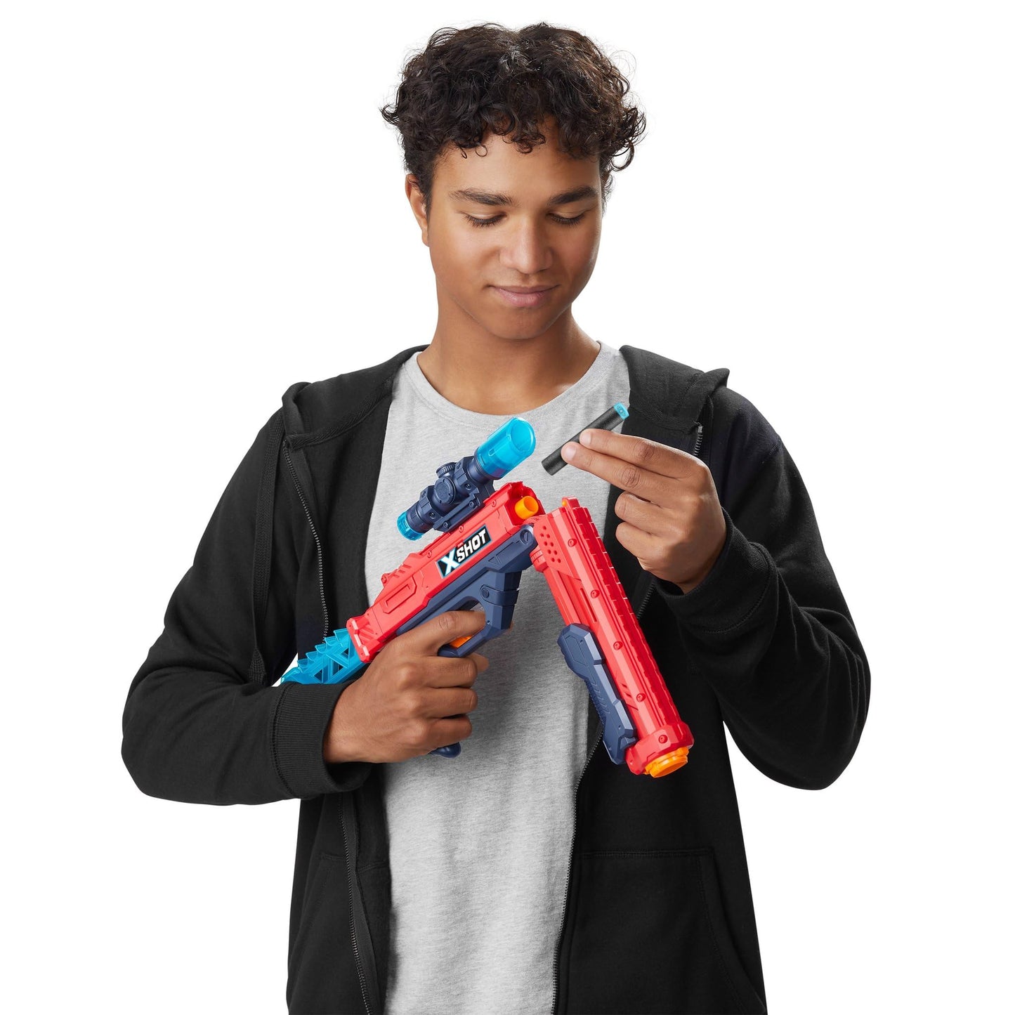 ZURU X-Shot Excel Hawk Eye Foam Dart Blaster (Red) — Long-Range Nerf-Style Toy with Scope, Grip, and 16 Darts