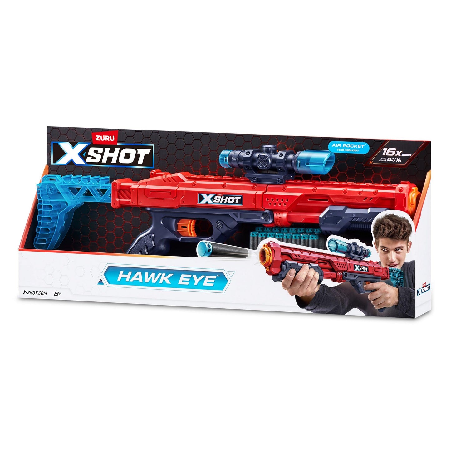 ZURU X-Shot Excel Hawk Eye Foam Dart Blaster (Red) — Long-Range Nerf-Style Toy with Scope, Grip, and 16 Darts