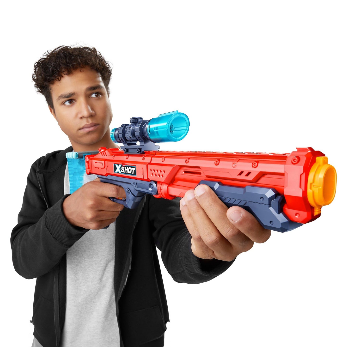 ZURU X-Shot Excel Hawk Eye Foam Dart Blaster (Red) — Long-Range Nerf-Style Toy with Scope, Grip, and 16 Darts