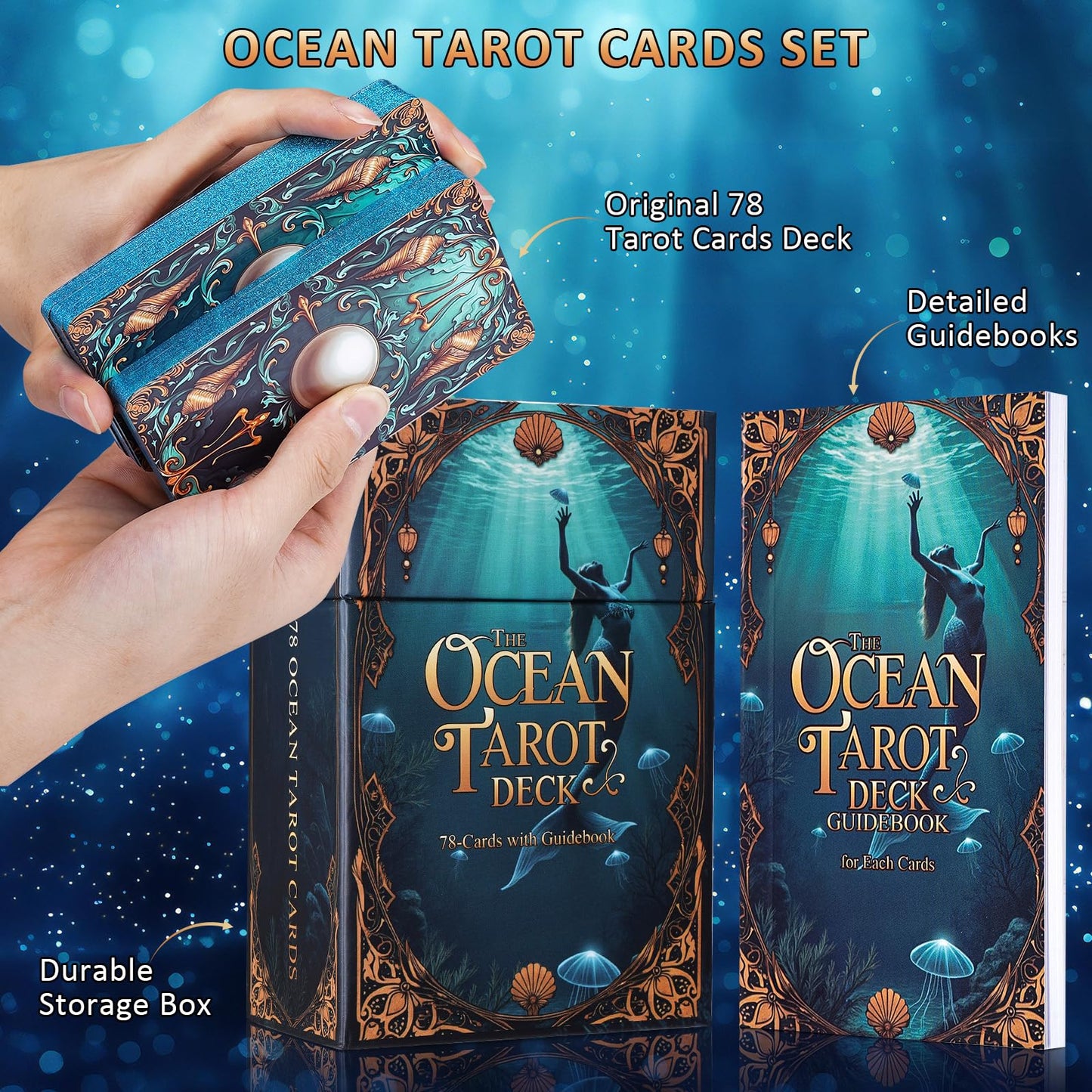 XSYLOHXL Ocean Tarot Cards with Guide Book – 78-Card Deck, Gold Foil, 400GSM, Standard Size
