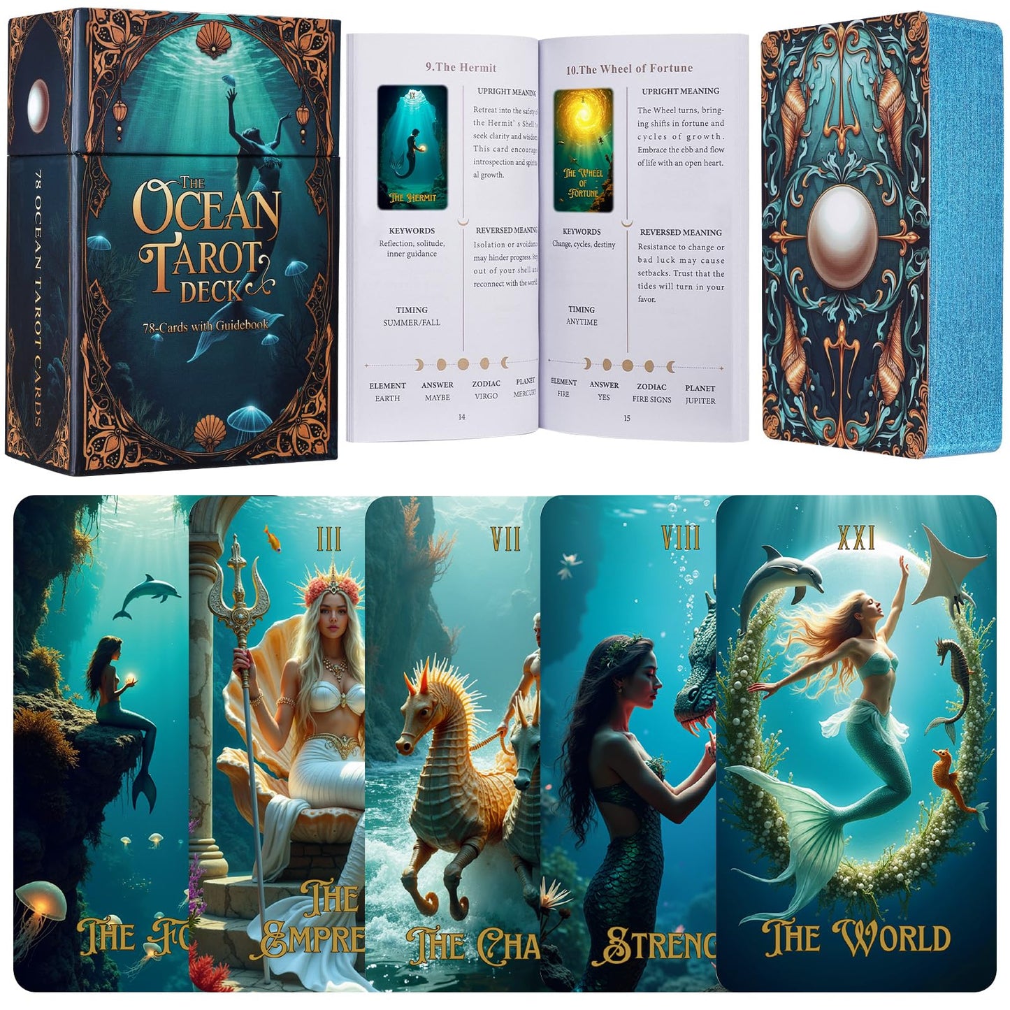 XSYLOHXL Ocean Tarot Cards with Guide Book – 78-Card Deck, Gold Foil, 400GSM, Standard Size