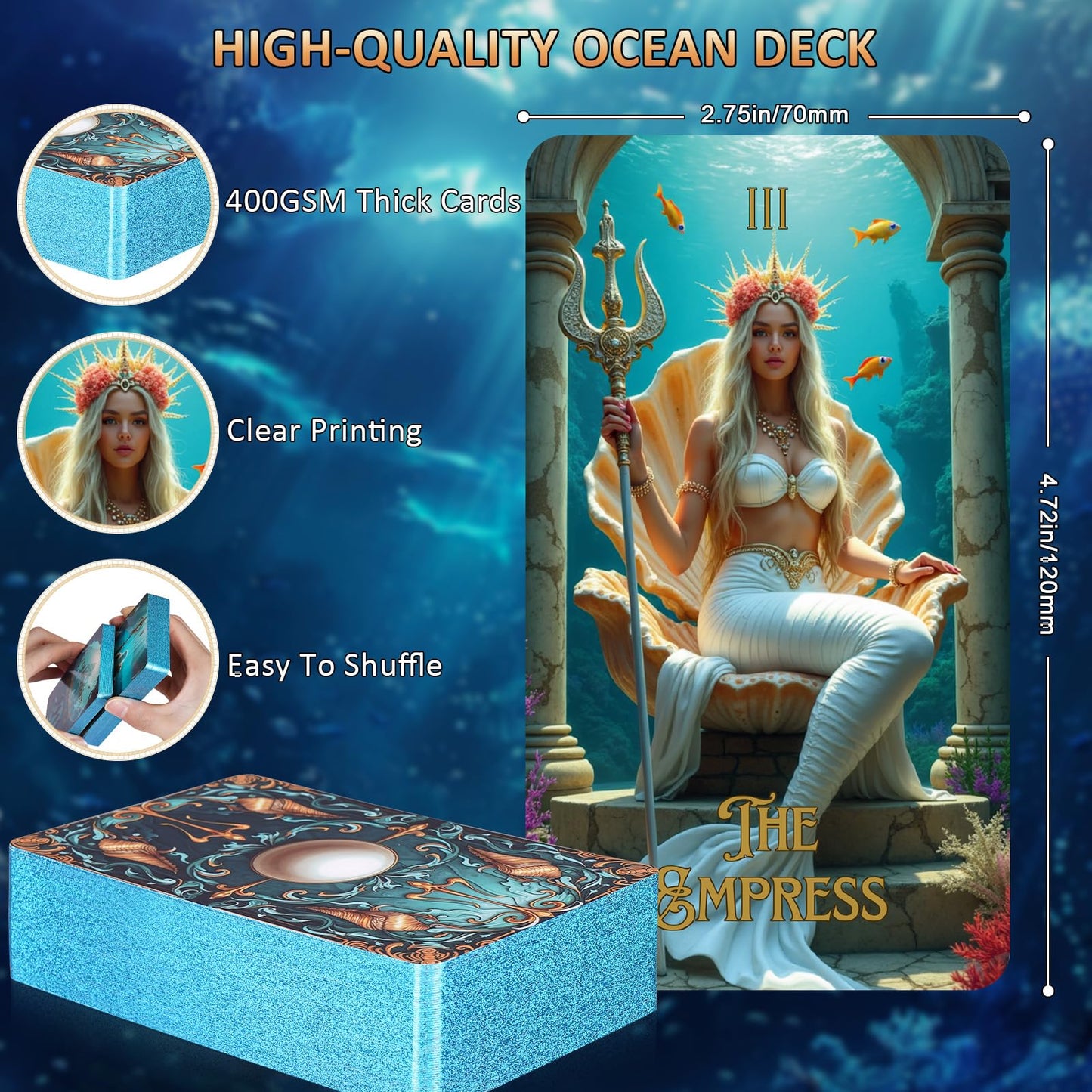 XSYLOHXL Ocean Tarot Cards with Guide Book – 78-Card Deck, Gold Foil, 400GSM, Standard Size