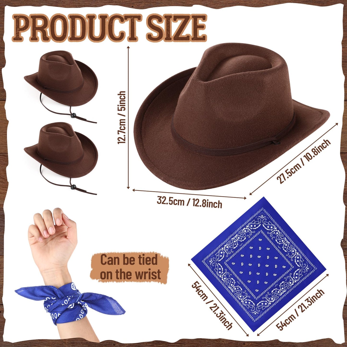Xtinmee 2 Pcs Kids Cowboy Hat & Paisley Scarves Set – Brown Wool Cowgirl Hats for Boys & Girls
