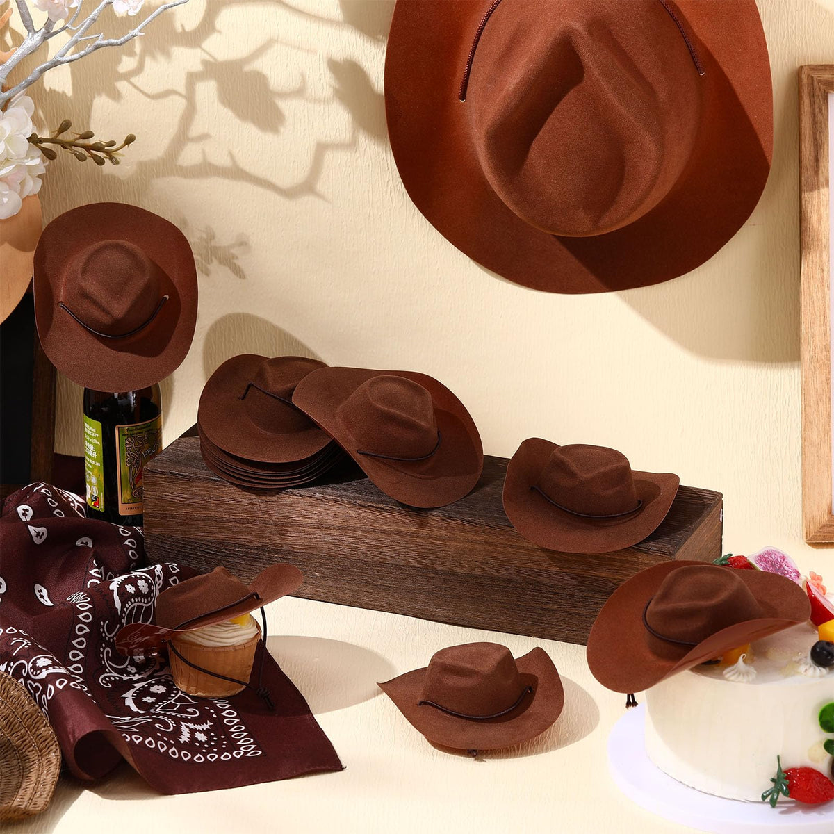Xtinmee 12 Pcs Mini Cowboy Hats – Brown Plastic Party Decor for Dolls & Crafts