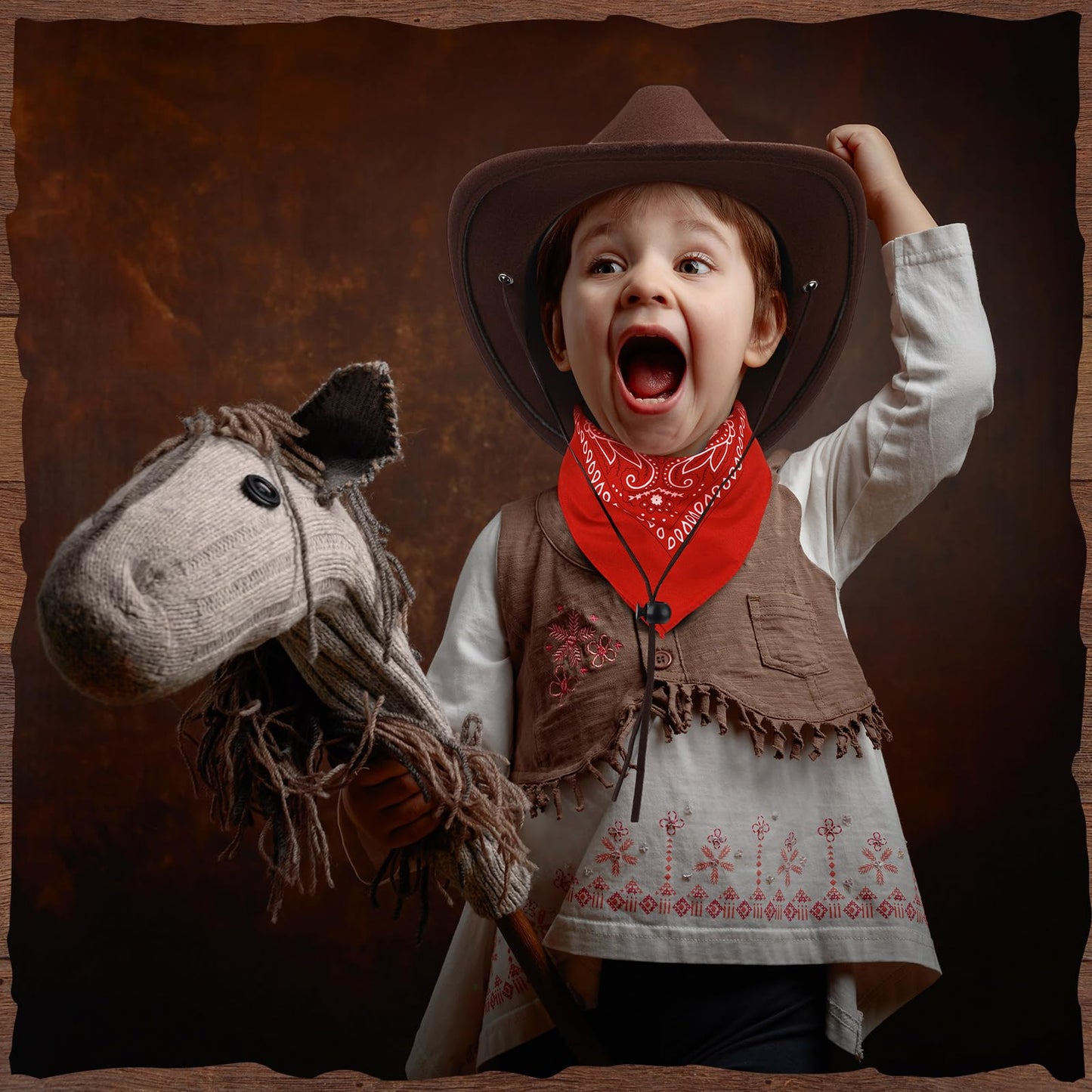 Xtinmee 2 Pcs Kids Cowboy Hat & Paisley Scarves Set – Brown Wool Cowgirl Hats for Boys & Girls