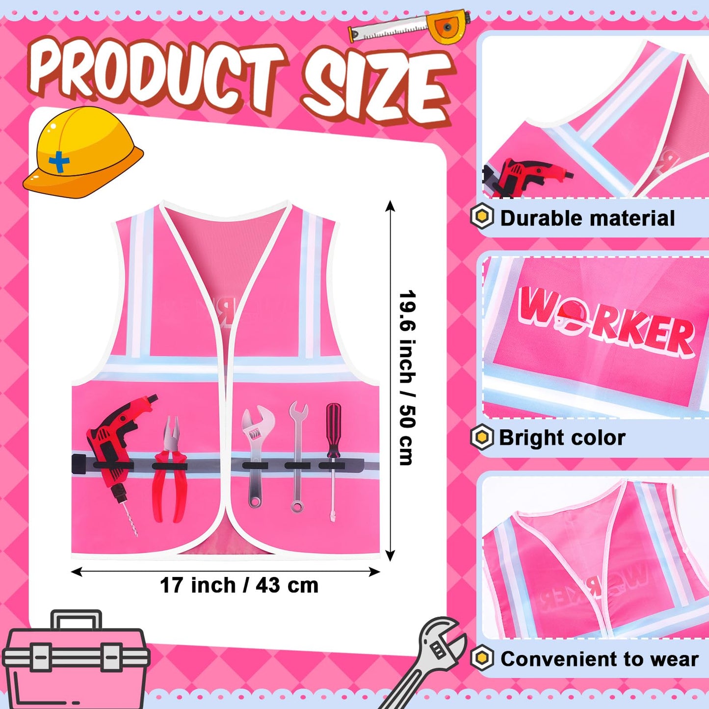 Xtinmee Kids Construction Vest (Pink) – 2-Pack High-Visibility Safety Vests for Ages 3-8