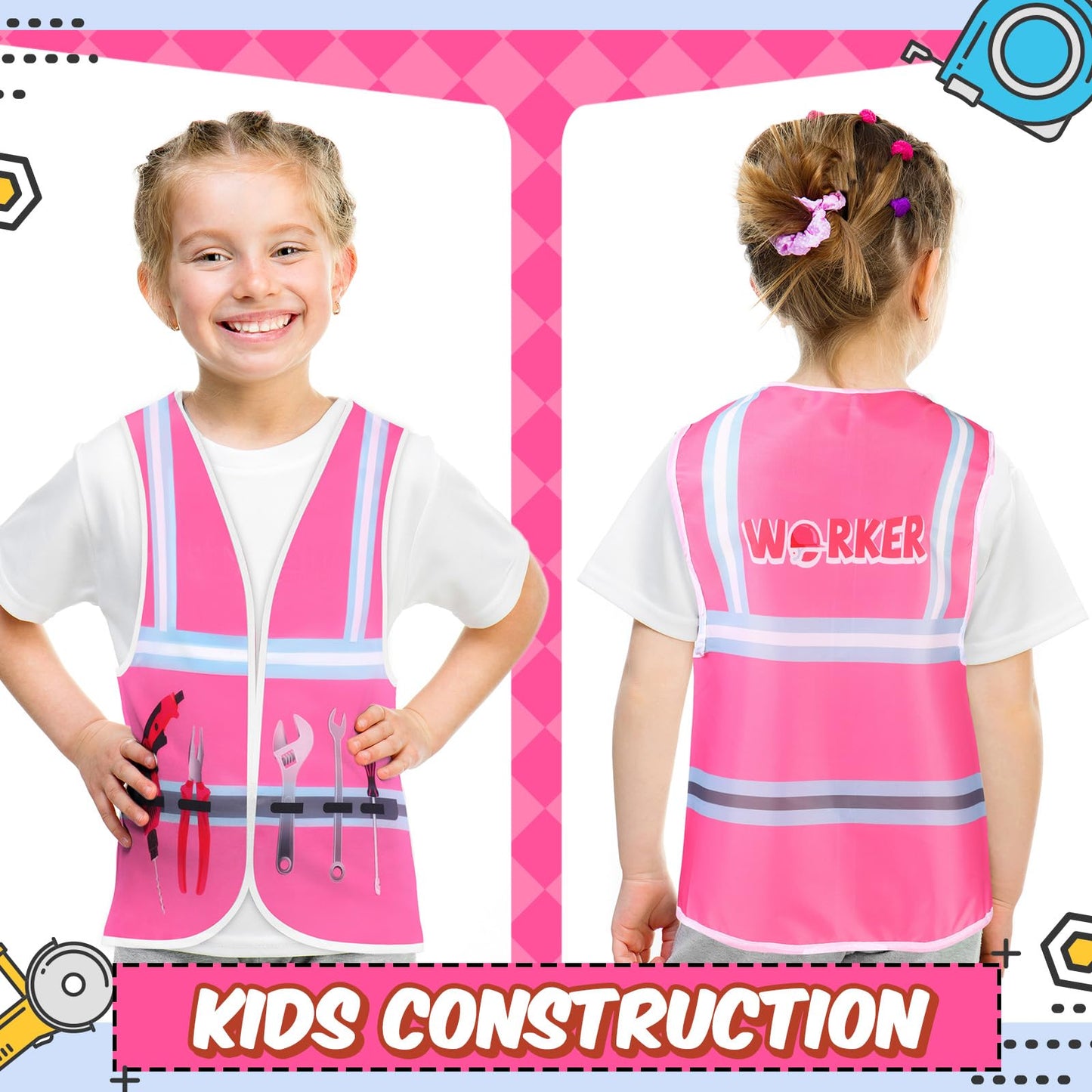 Xtinmee Kids Construction Vest (Pink) – 2-Pack High-Visibility Safety Vests for Ages 3-8