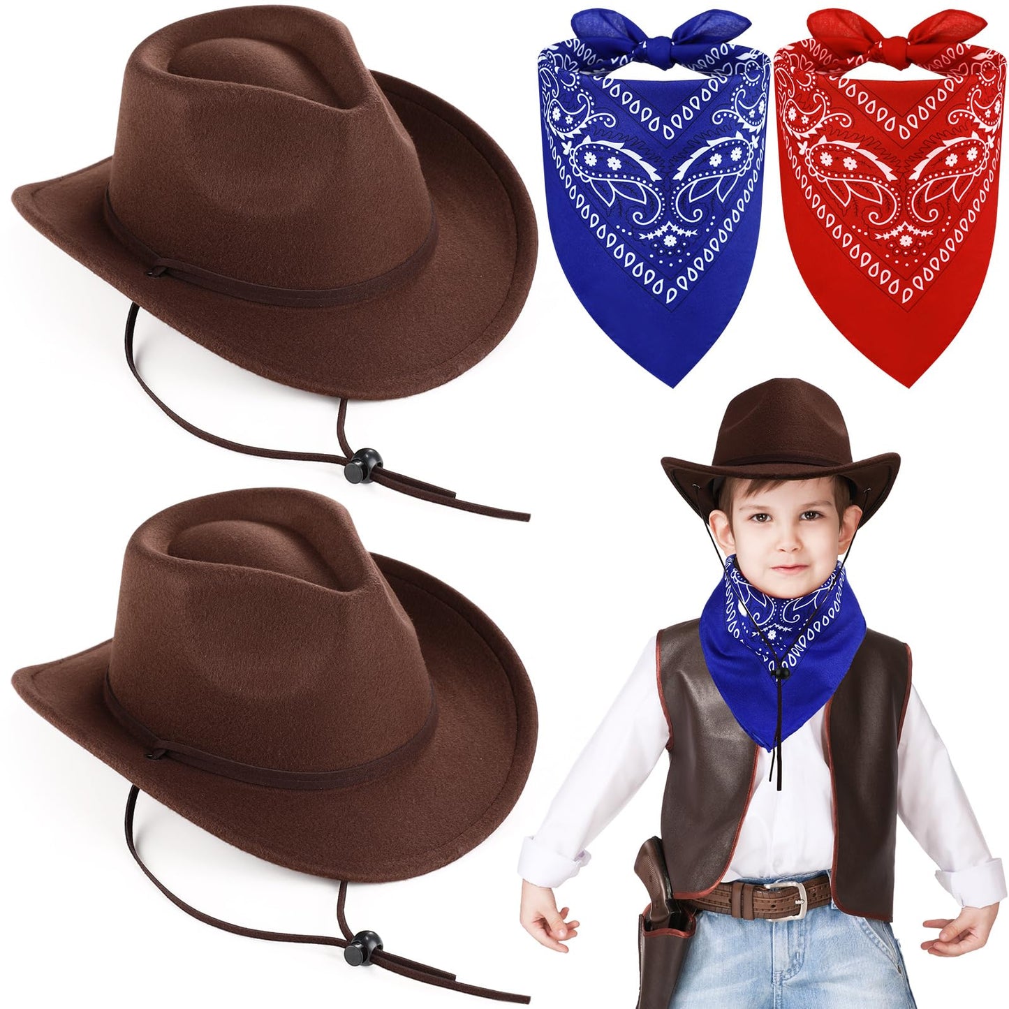 Xtinmee 2 Pcs Kids Cowboy Hat & Paisley Scarves Set – Brown Wool Cowgirl Hats for Boys & Girls