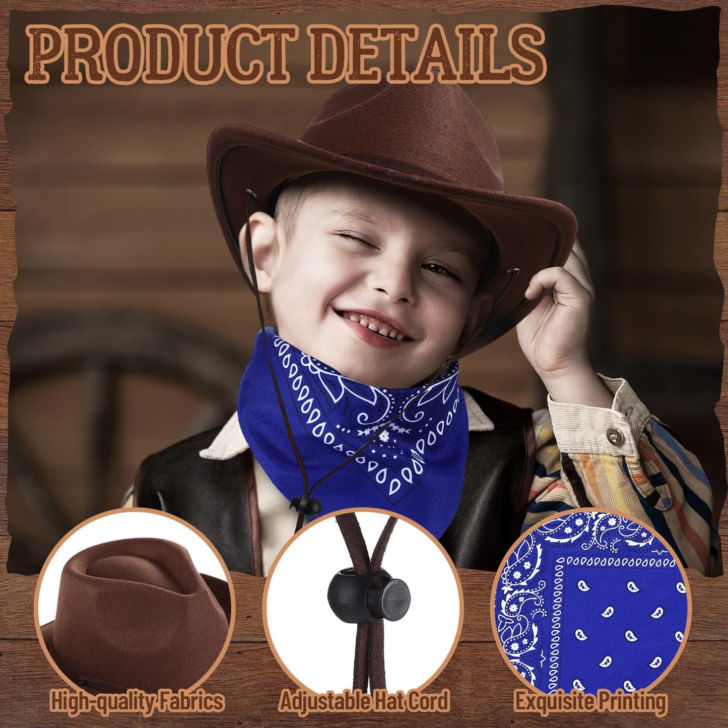 Xtinmee 2 Pcs Kids Cowboy Hat & Paisley Scarves Set – Brown Wool Cowgirl Hats for Boys & Girls
