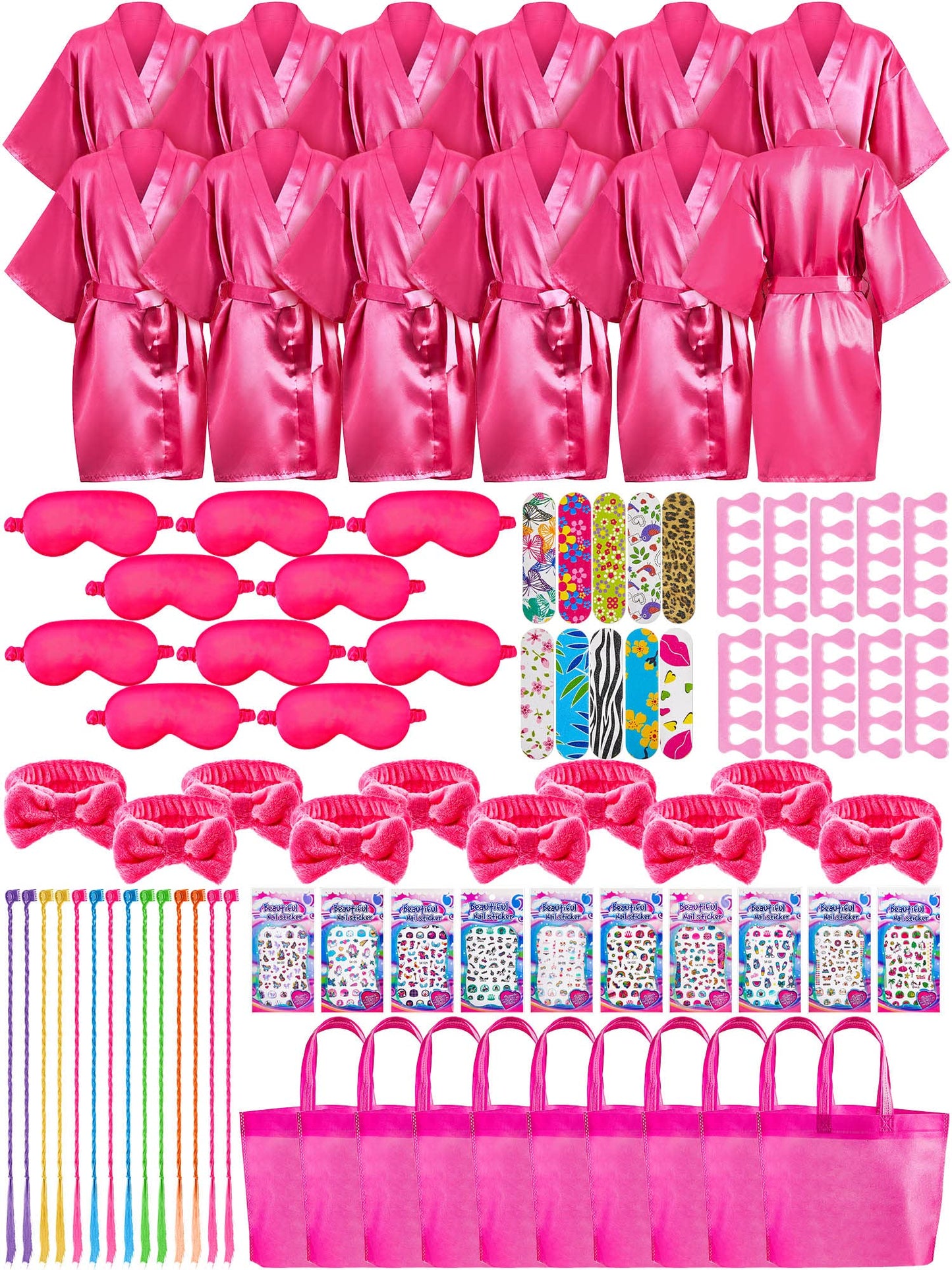 Xuhal 92 Pcs Spa Party Kit — Slumber Party Set with Satin Robes, Headbands & Eye Masks (Rose, 12)