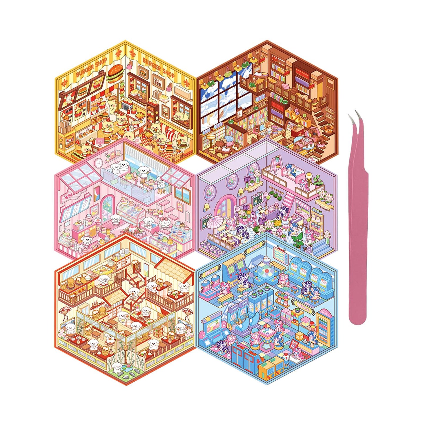 Xuoent DIY 3D House Sticker – 6 Mini Shop Scene Sets for Kids & Adults
