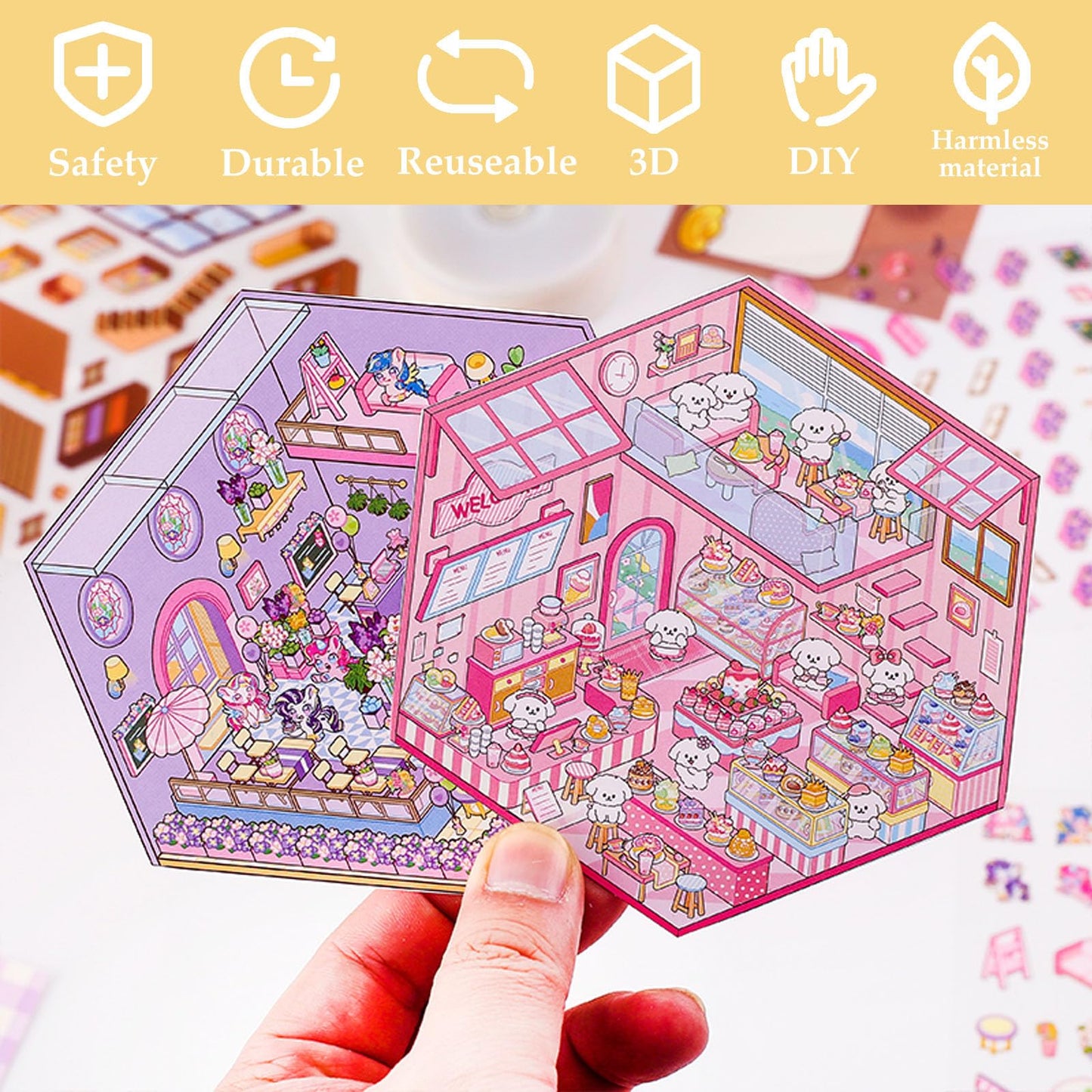Xuoent DIY 3D House Sticker – 6 Mini Shop Scene Sets for Kids & Adults
