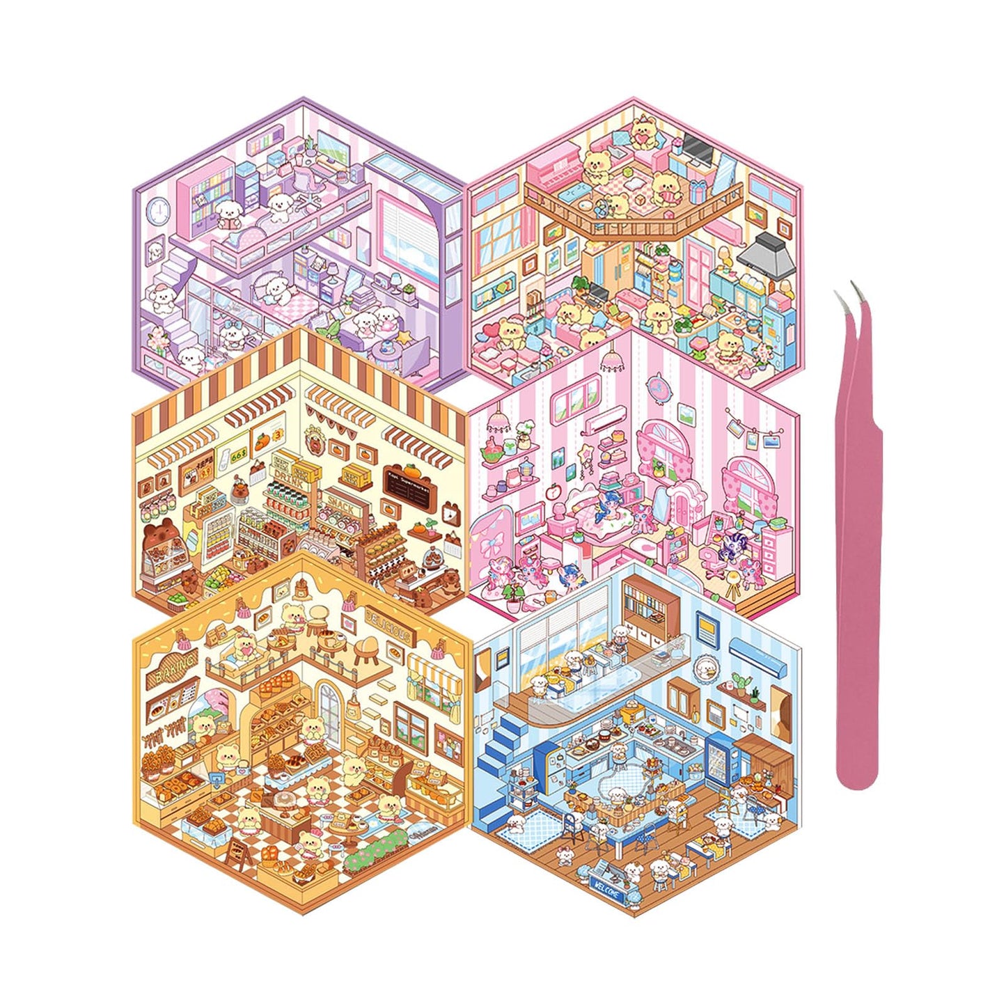 Xuoent DIY 3D Sticker Scene – 6 Sets of Cute Isometric Miniatures for Kids & Adults