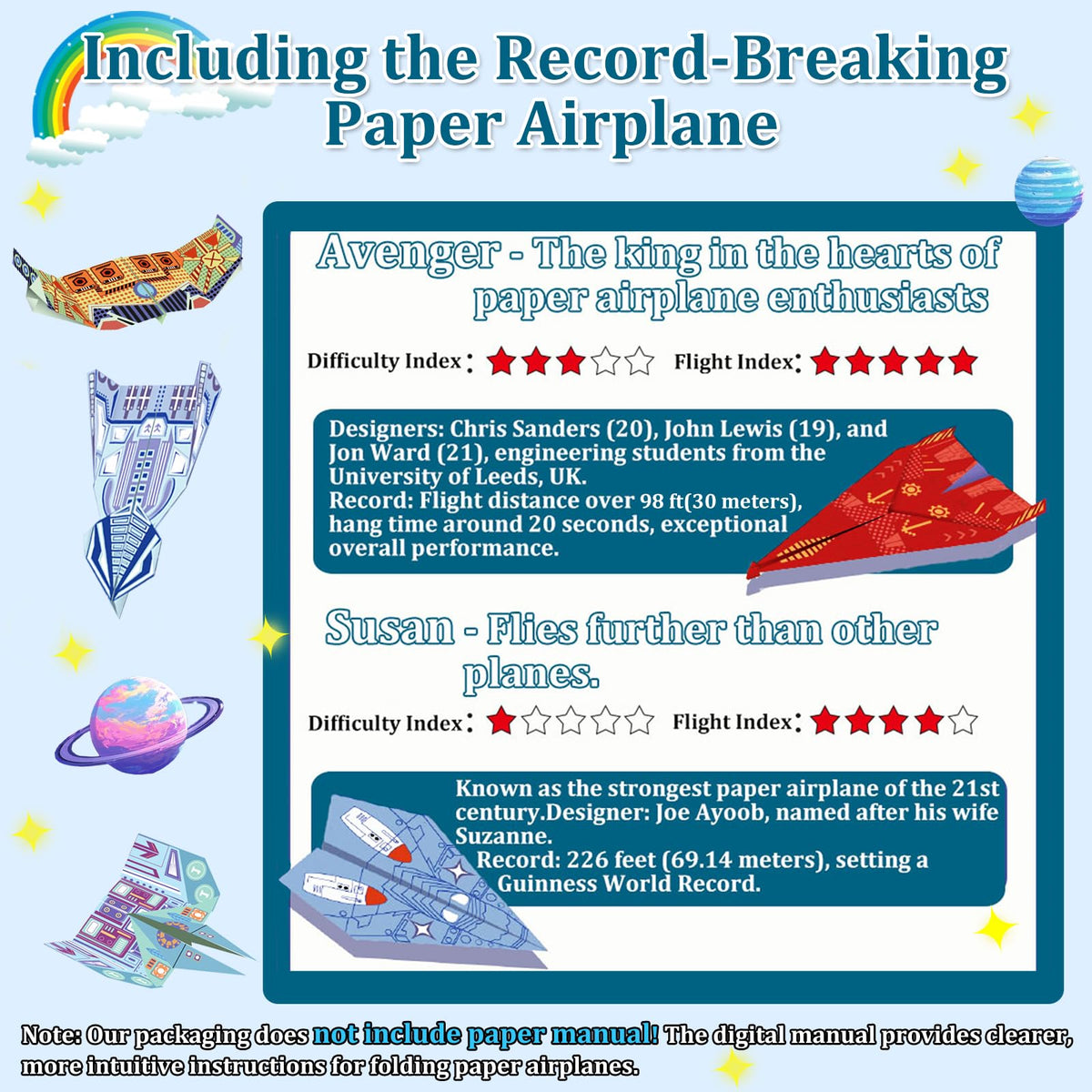 Xuoent Paper Airplane Kit: 16 Classic Designs + 32 Origami Papers | Digital Manual Included