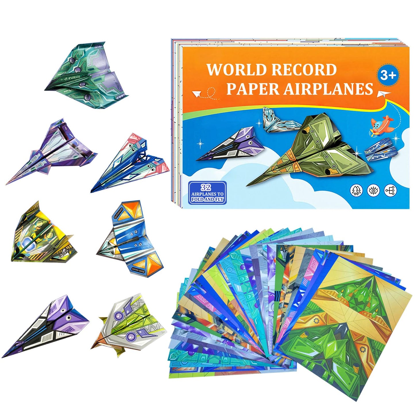 Xuoent Paper Airplanes for Kids – 32 Colorful Planes Origami Kit + Digital Manual (Ages 6-12)