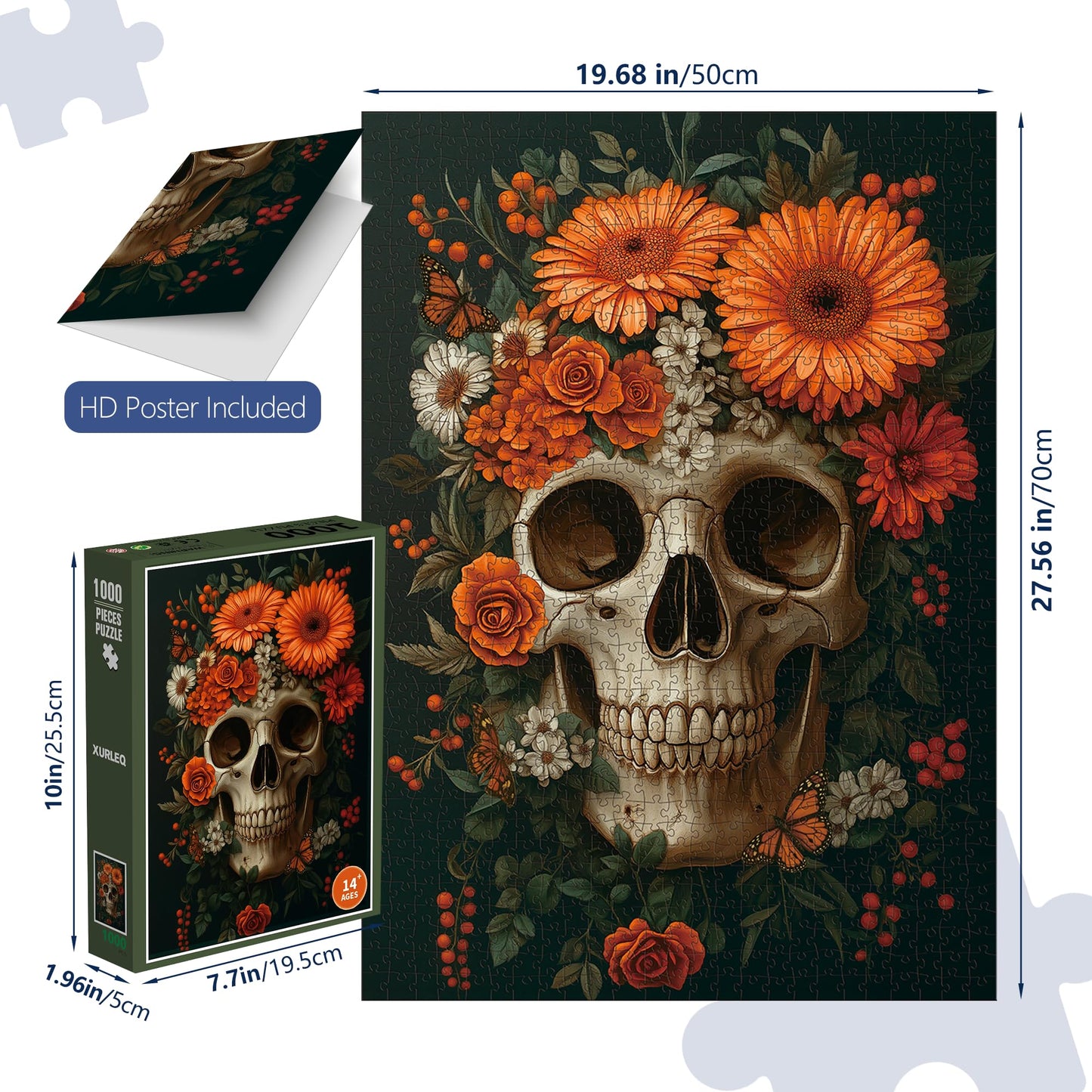 XURLEQ Vintage Skeleton's Floral 1000-Piece Puzzle for Adults – Dark Halloween Art, Matte Finish, 27.56 x 19.68 in