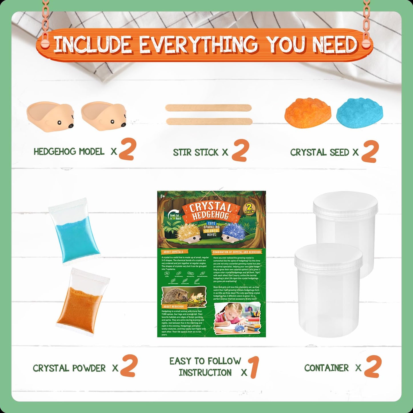 Crystal Growing Kit: 2 Hedgehog Crystals for Kids | STEM Gift by XX