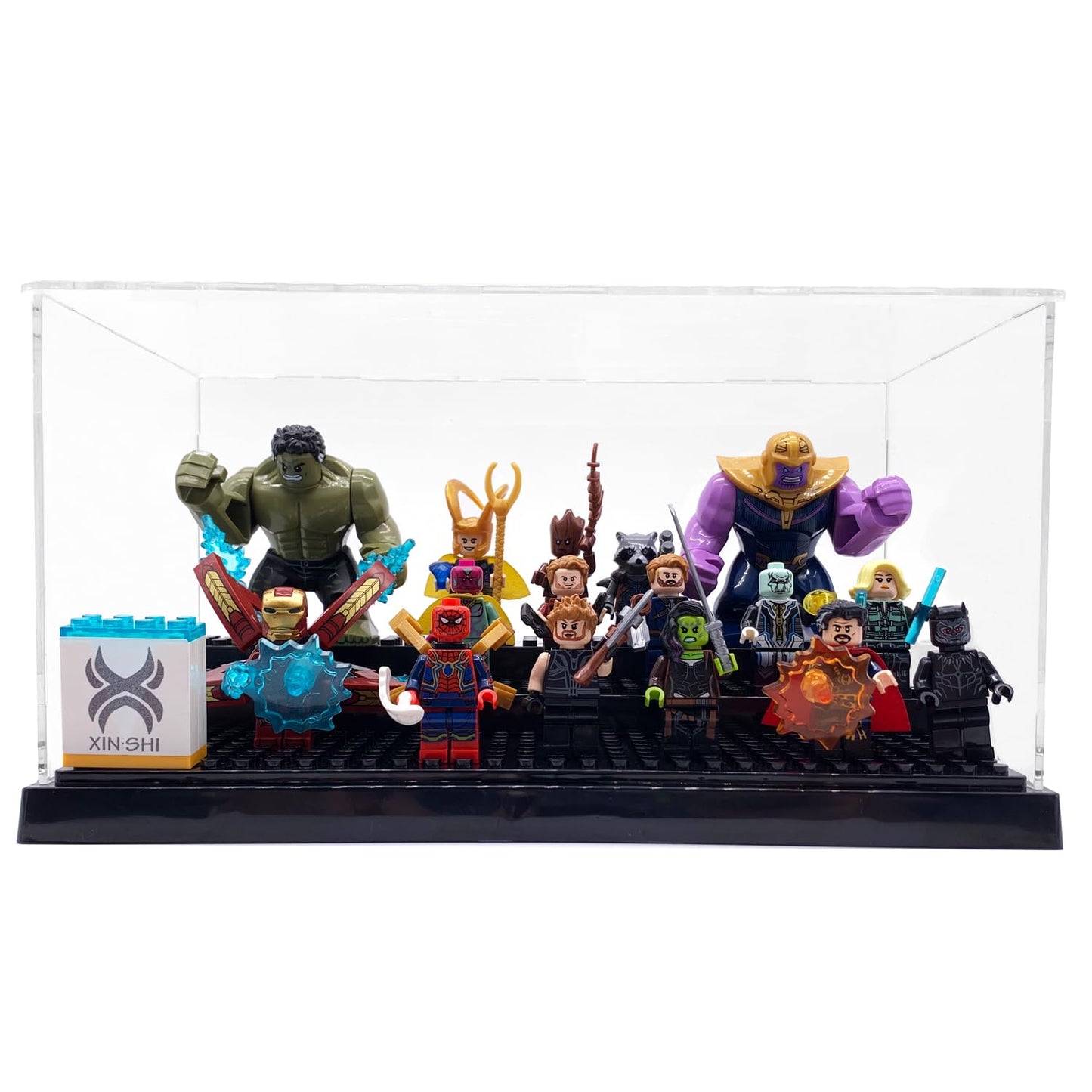 X XIN·SHI Minifigure Display Case – 2-Pack, Black Base, 3-Tier Steps for Lego Enthusiasts