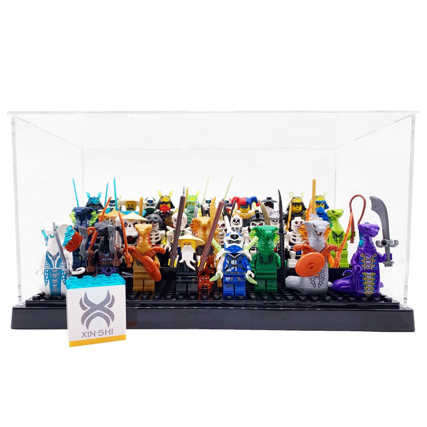 X XIN·SHI Minifigure Display Case – 2-Pack, Black Base, 3-Tier Steps for Lego Enthusiasts