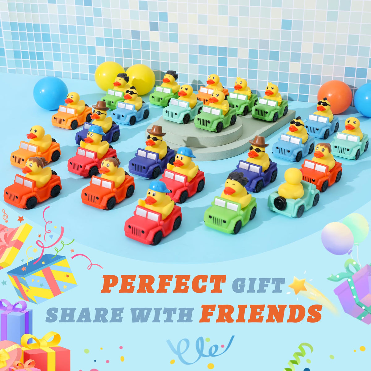 XY-WQ 24 Pack Jeep Rubber Ducks - 3-Inch Bulk Floater Ducks for Kids - Vehicle Shaped - Baby Bath Toy Assortment - Party Favors, Birthdays, Bath Time & More (8 Varieties)