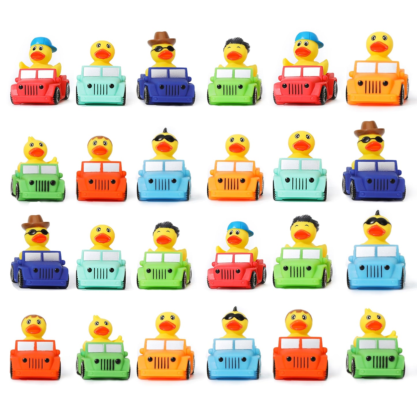 XY-WQ 24 Pack Jeep Rubber Ducks - 3-Inch Bulk Floater Ducks for Kids - Vehicle Shaped - Baby Bath Toy Assortment - Party Favors, Birthdays, Bath Time & More (8 Varieties)