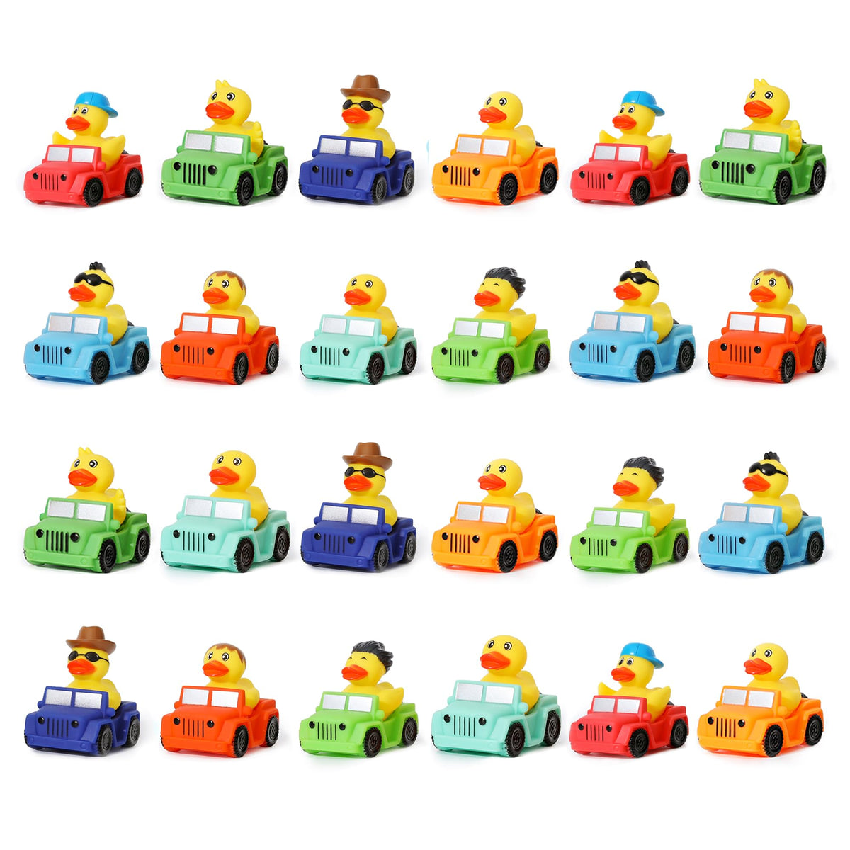 XY-WQ 24 Pack Jeep Rubber Ducks - 3-Inch Bulk Floater Ducks for Kids - Vehicle Shaped - Baby Bath Toy Assortment - Party Favors, Birthdays, Bath Time & More (8 Varieties)
