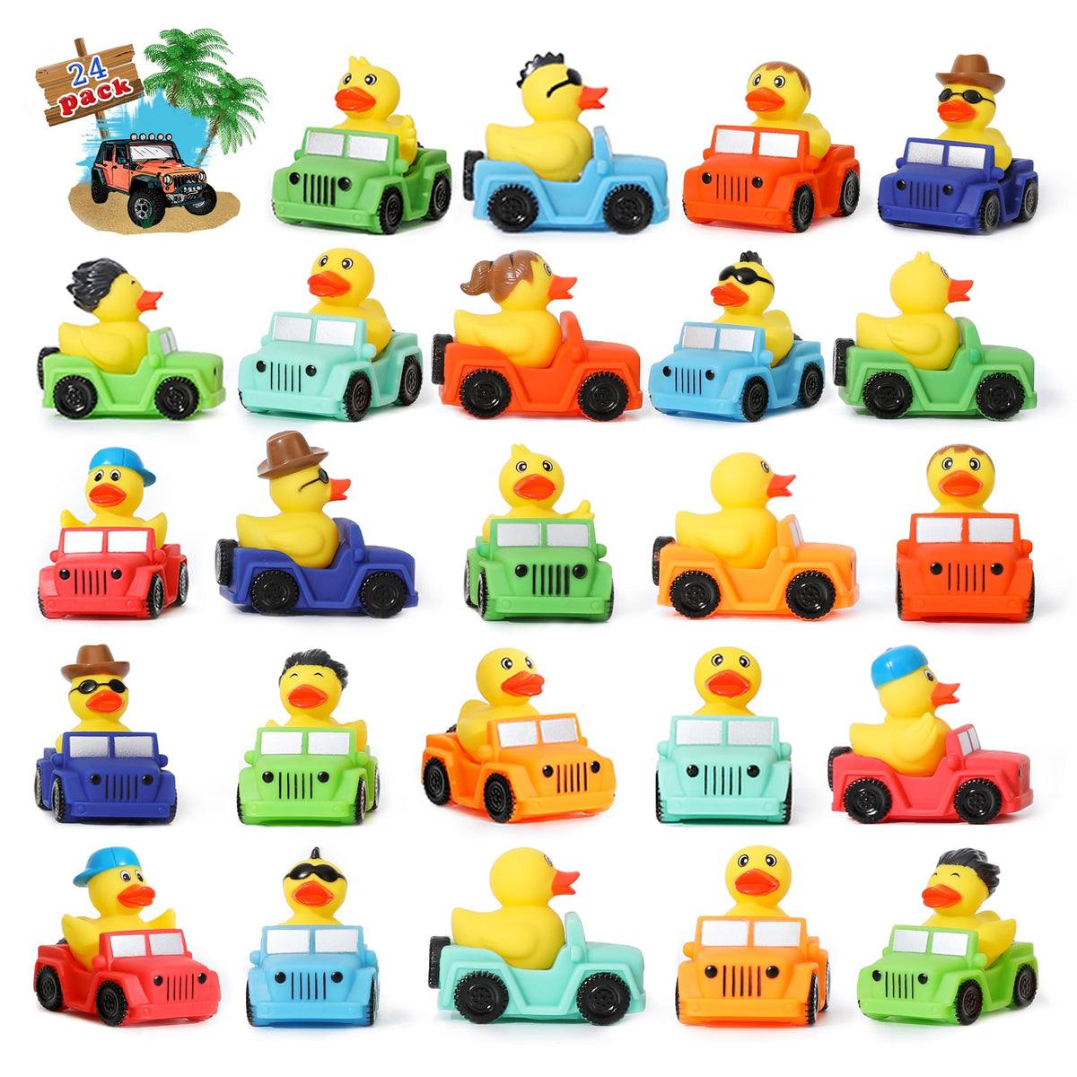 XY-WQ 24 Pack Jeep Rubber Ducks - 3-Inch Bulk Floater Ducks for Kids - Vehicle Shaped - Baby Bath Toy Assortment - Party Favors, Birthdays, Bath Time & More (8 Varieties)