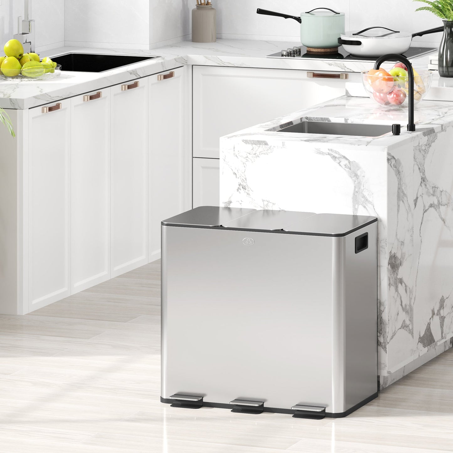 HOMCOM 3 x 15L Triple Kitchen Bin Pedal Bin for Recycling and Waste, Silver