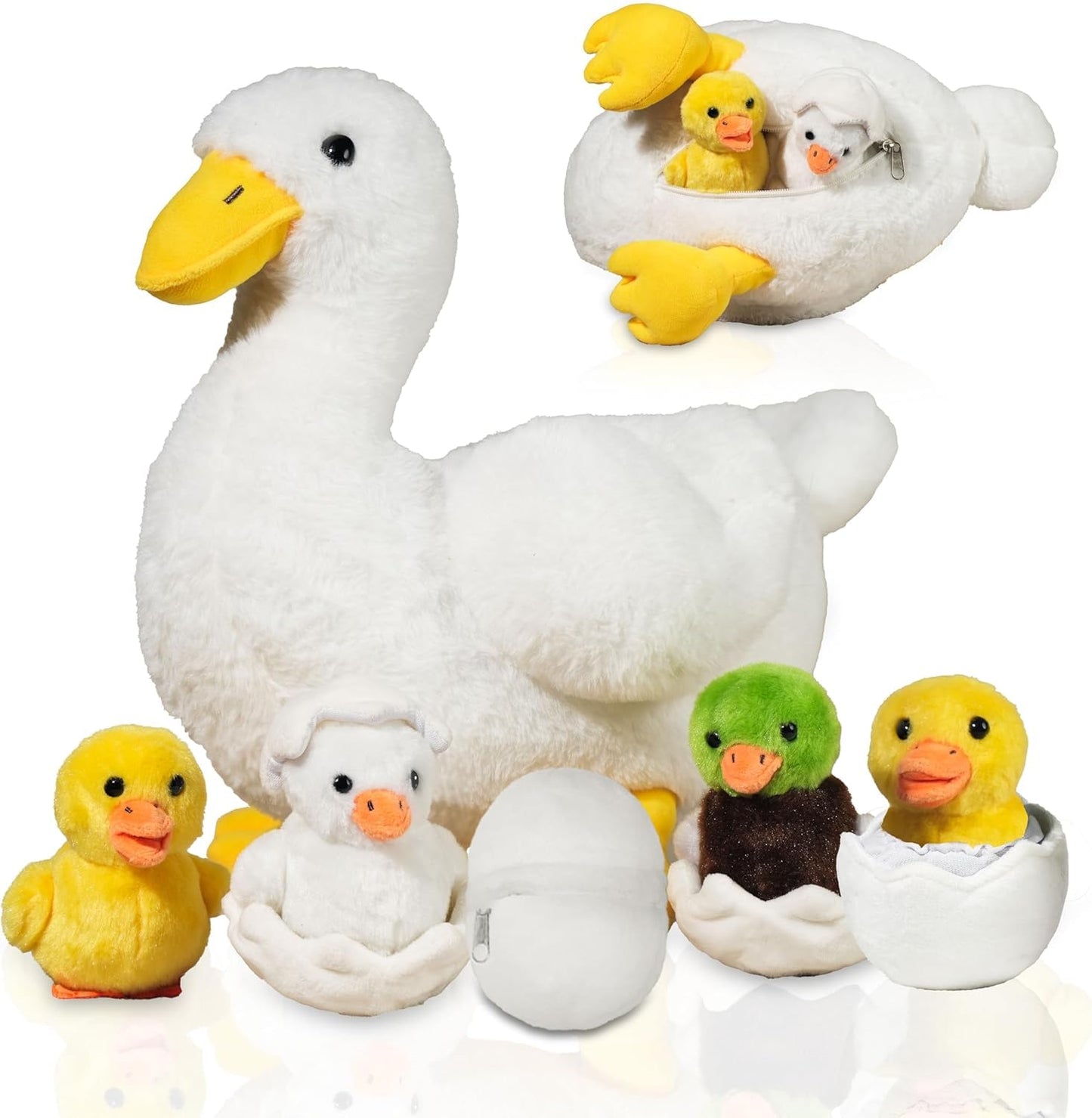 XYHQYB 7-in-1 Duck Family Plush: Mommy with 4 Babies & Eggs, 12-inch Soft White Duck Toy