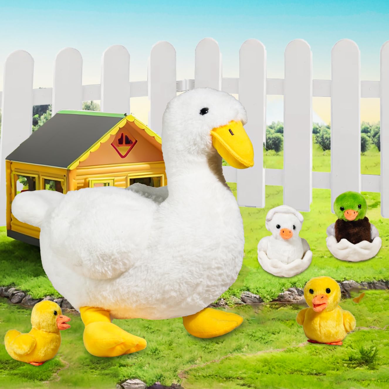 XYHQYB 7-in-1 Duck Family Plush: Mommy with 4 Babies & Eggs, 12-inch Soft White Duck Toy
