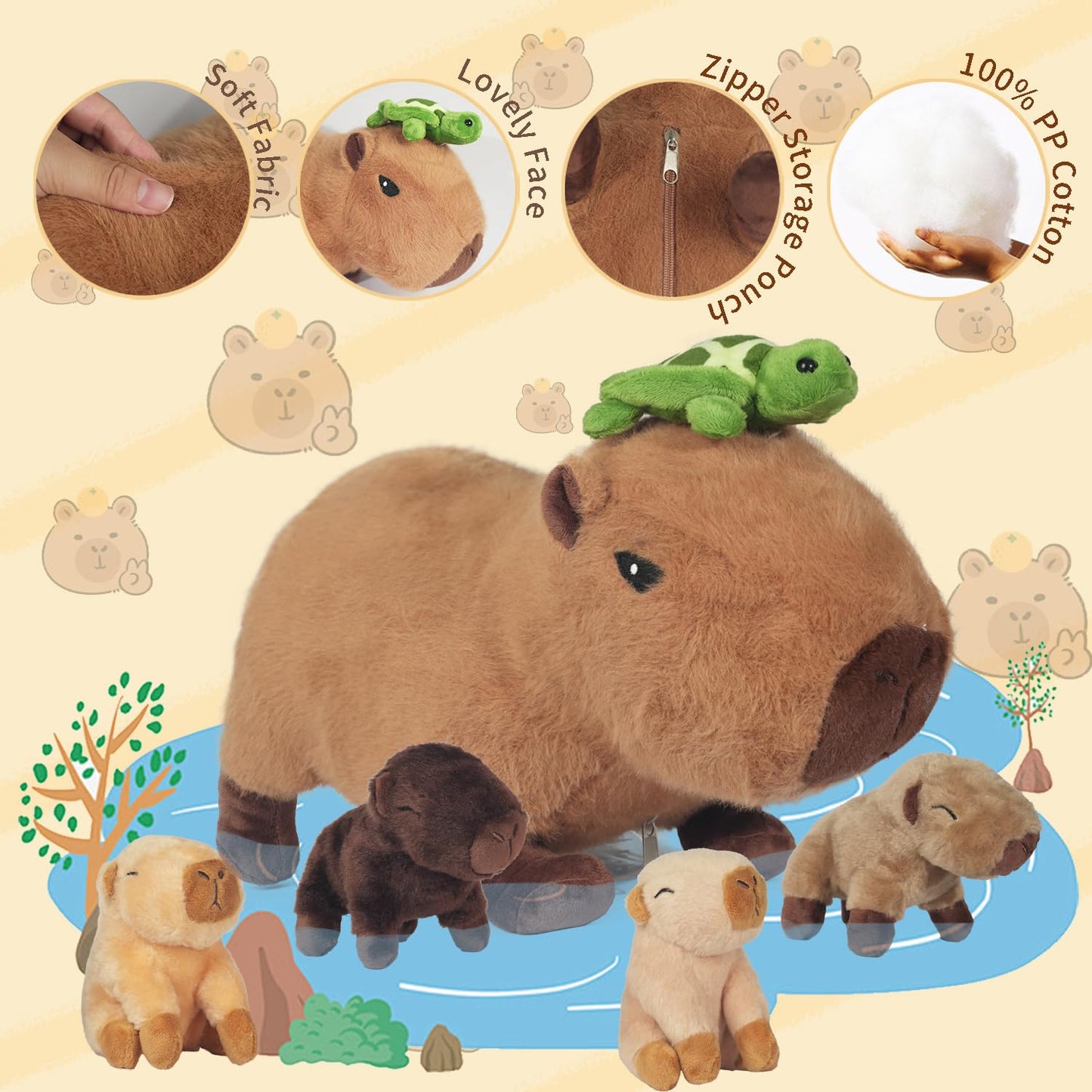 XYHQYB 5 in 1 Capybara Plush — 14.2-Inch Mommy with 4 Babies